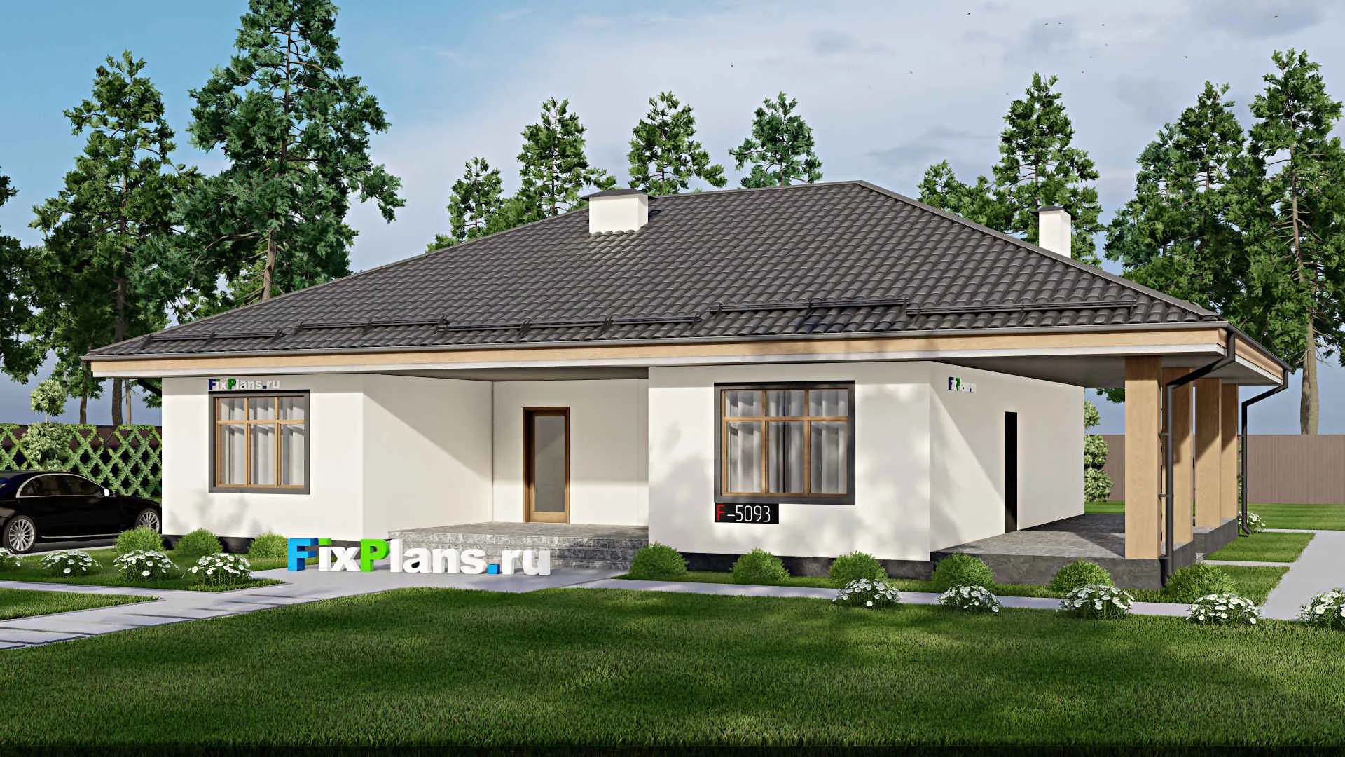 F-5093 - Проект одноэтажного дома 12 на 14, площадью 170 м² с террасой и 3 спальнями