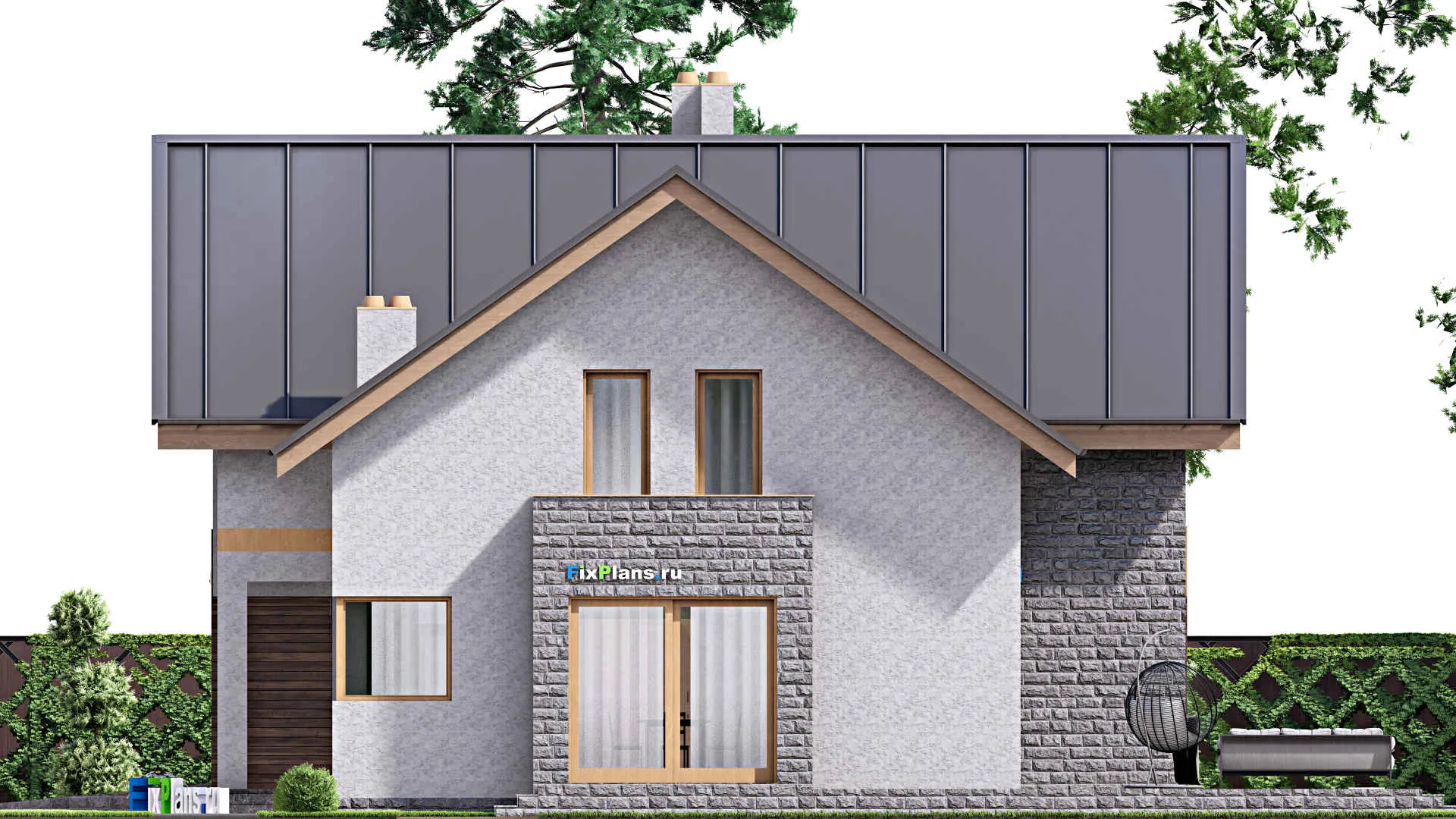 F-15884 - Проект дома с мансардой 16 на 17, площадью 300 м² с террасой, балконом, гаражом на 1 машину и 4 спальнями