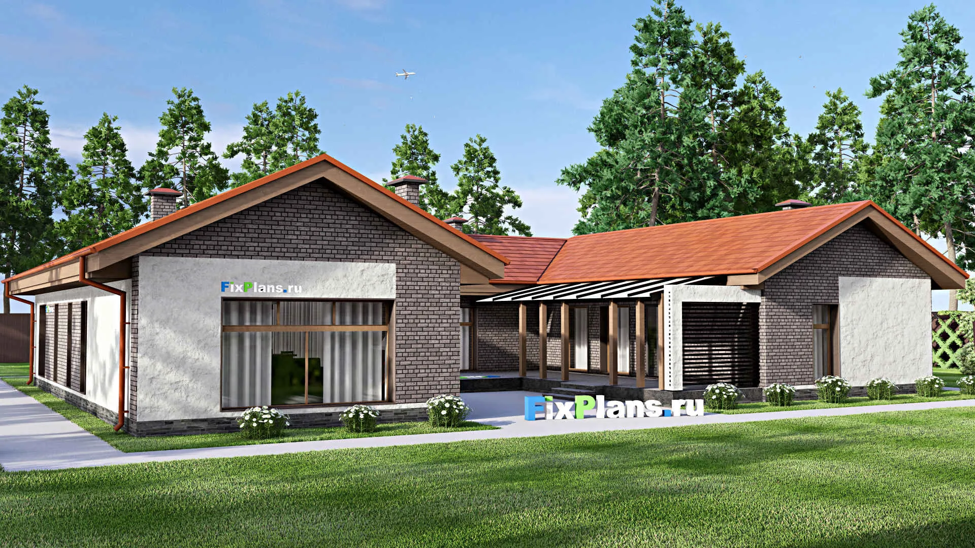 F-13895 - План одноэтажного дома 16 на 22, площадью 250 м² с террасой, баней и 3 спальнями