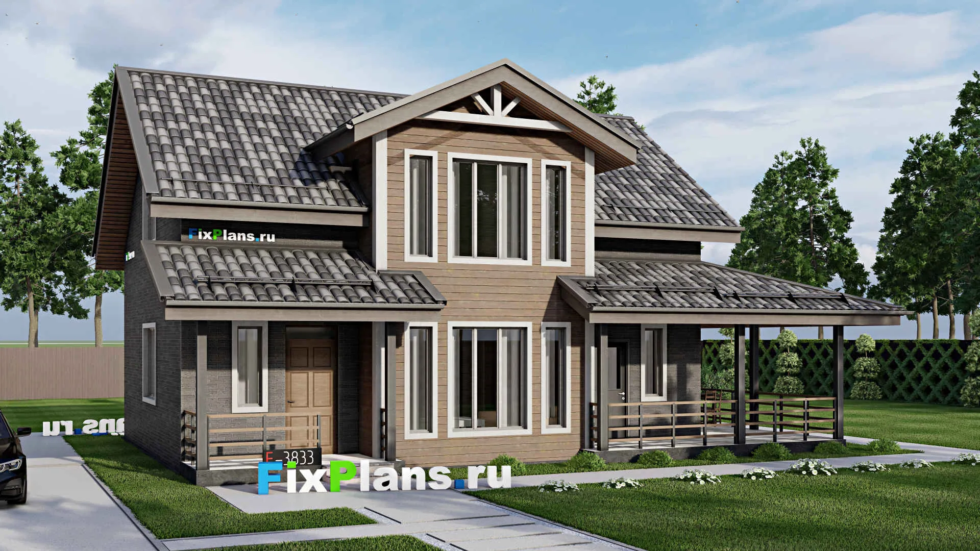 F-3833 - Проект дома с мансардой 9 на 11, площадью 170 м² с террасой и 4 спальнями