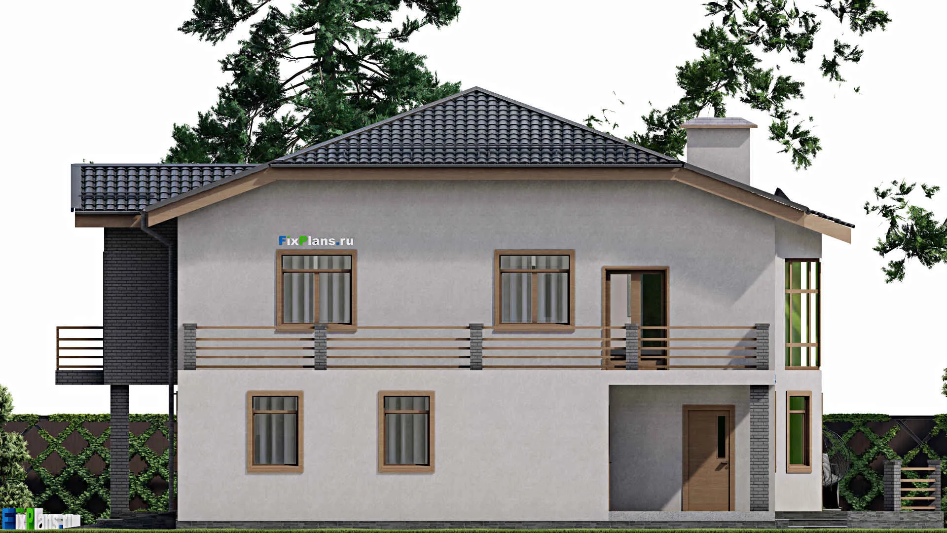 F-2699 - Планы двухэтажного дома 14 на 14, площадью 300 м² с террасой, балконом, гаражом на 1 машину, бассейном и 4 спальнями