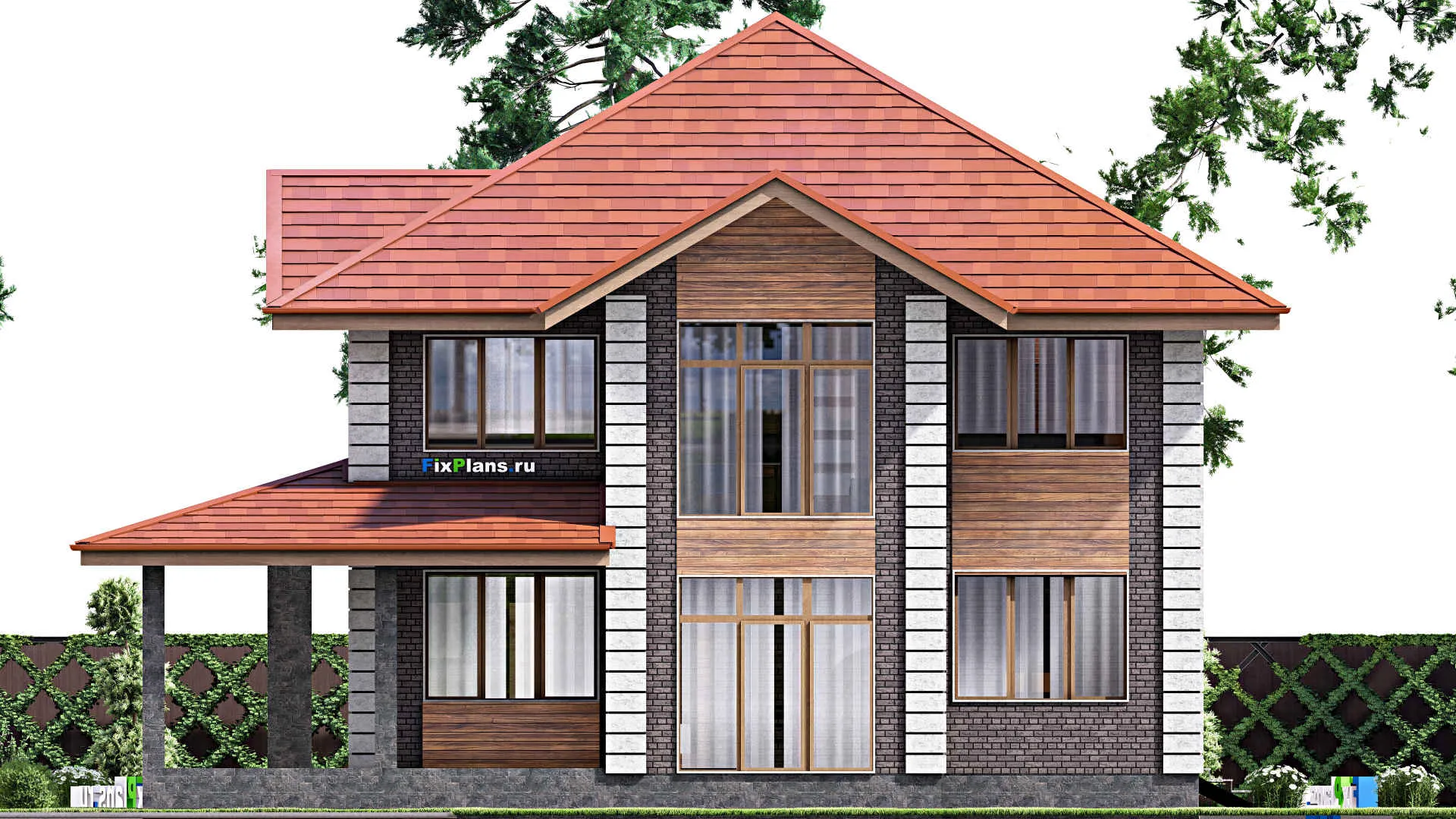 F-0341 - Проект двухэтажного дома 14 на 15, площадью 250 м² с террасой, балконом и 4 спальнями