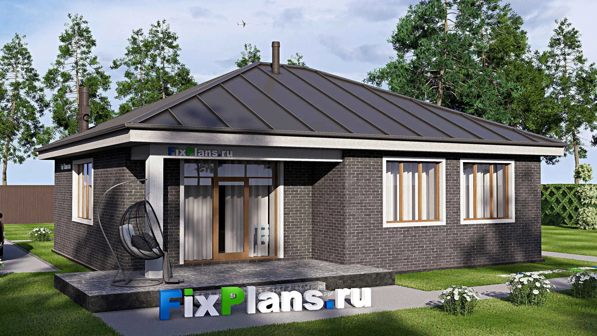 F-19466 - Проект одноэтажного дома 13 на 14, площадью 120 м² с террасой и 3 спальнями