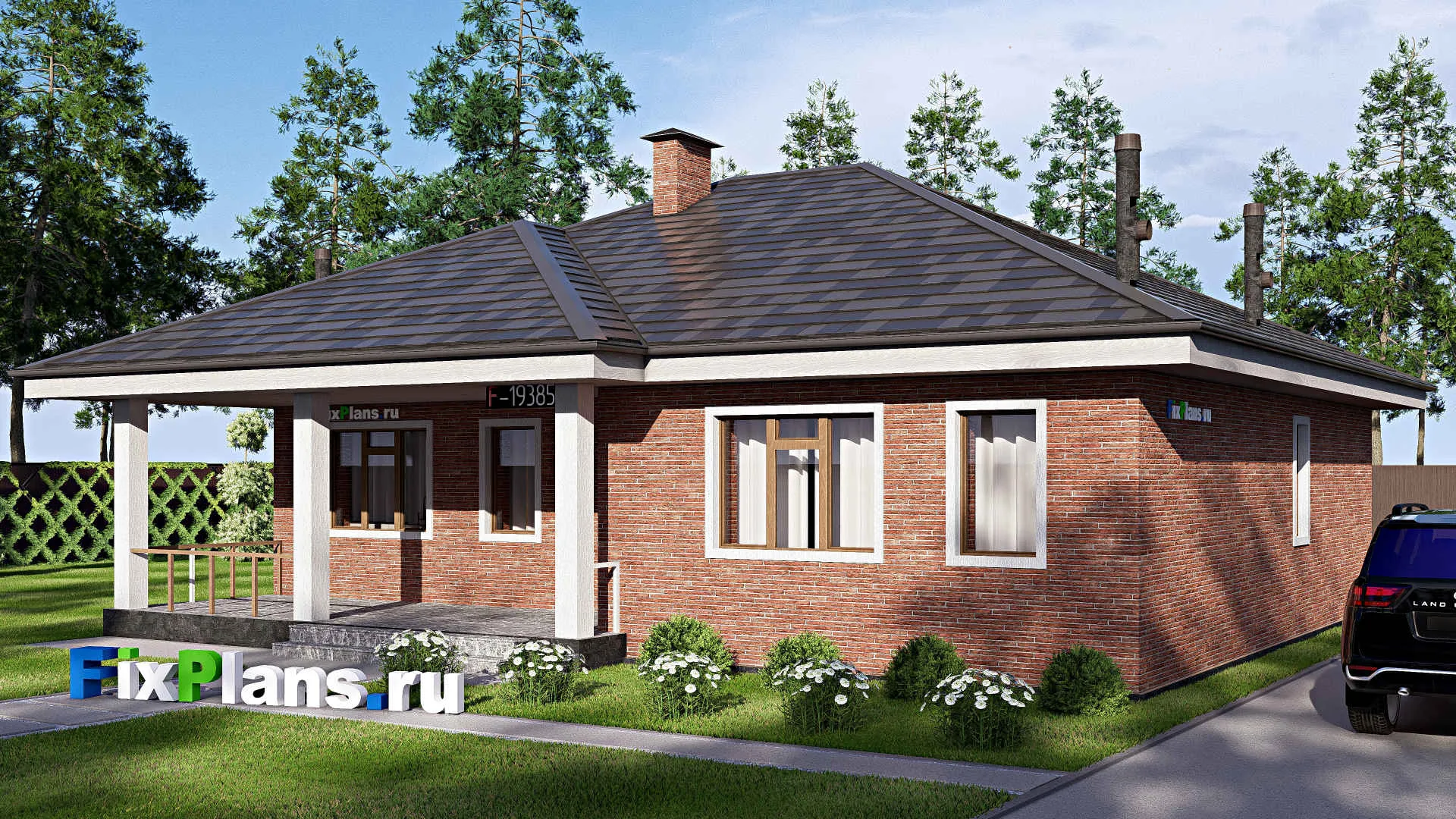 F-19385 - Проект одноэтажного дома 13 на 14, площадью 130 м² с террасой и 3 спальнями