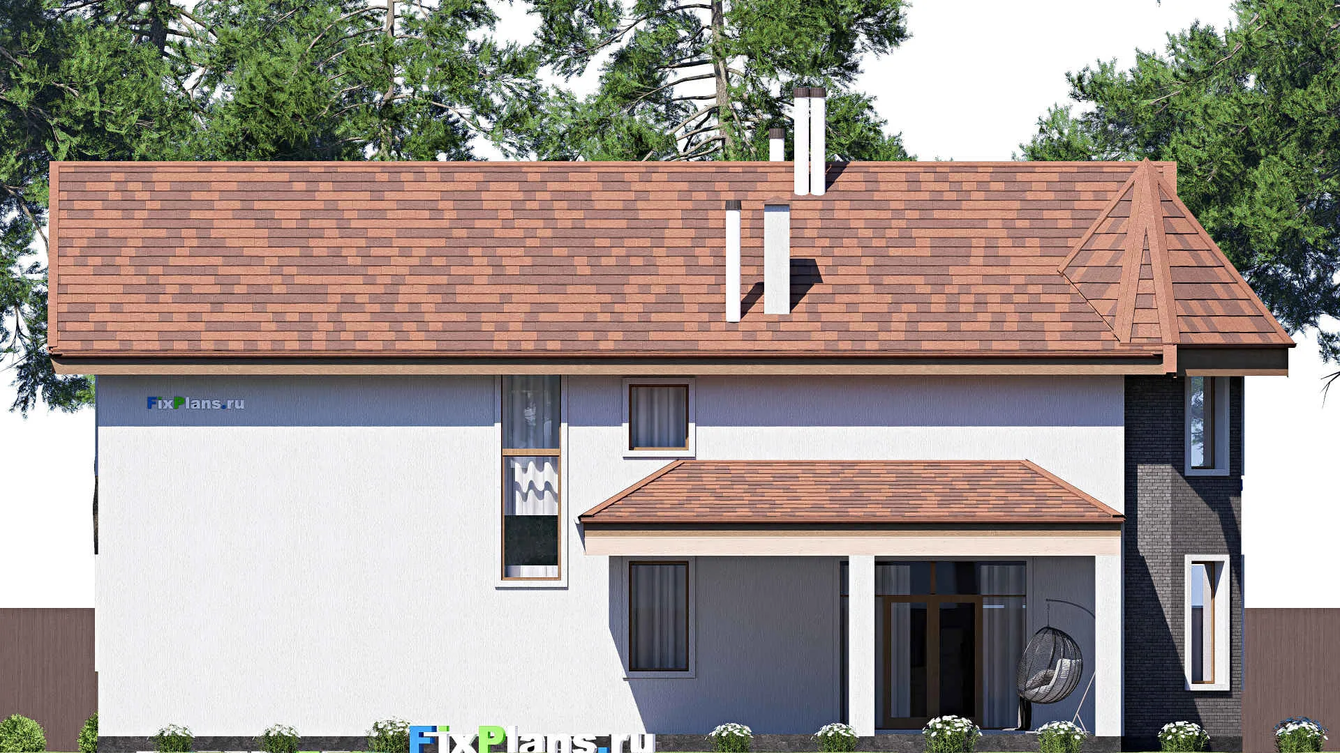 F-20240 - Планы двухэтажного дома 19 на 20, площадью 360 м² с террасой, гаражом на 2 машины и 3 спальнями