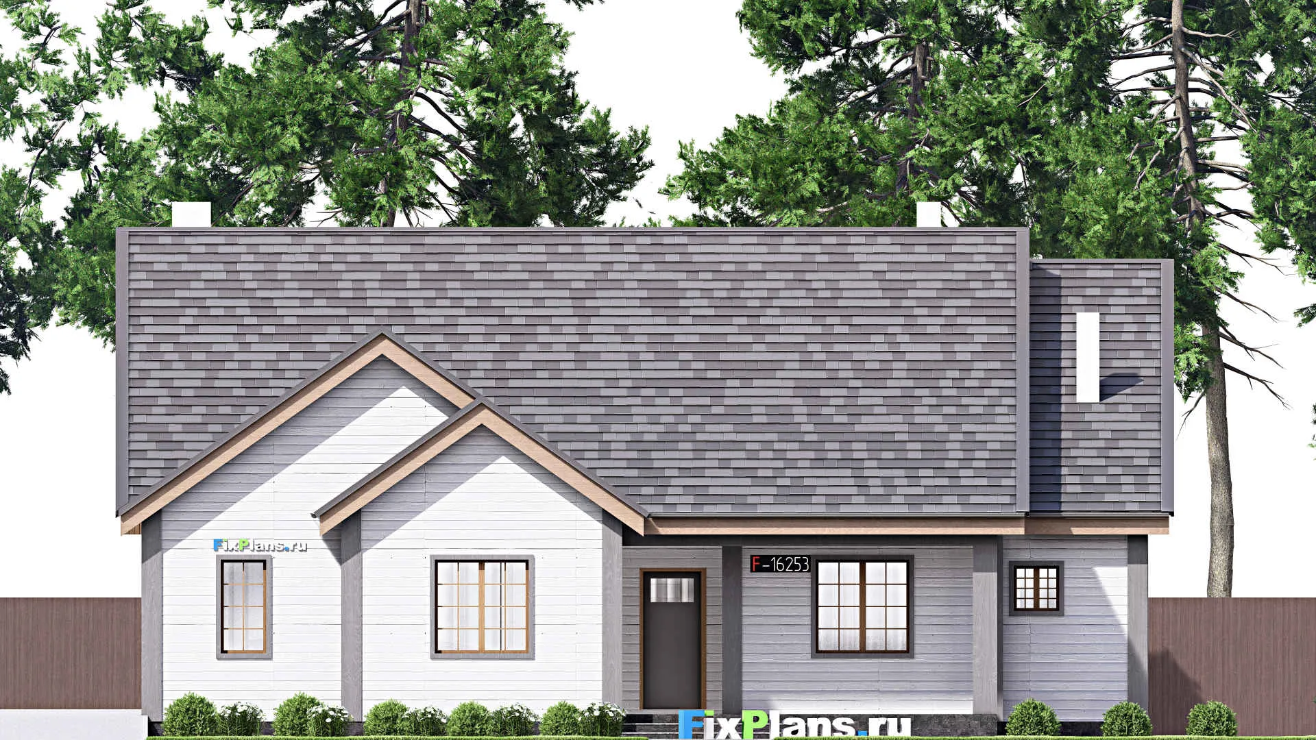 F-16253 - План одноэтажного дома 17 на 21, площадью 500 м² с террасой, гаражом на 2 машины и 3 спальнями