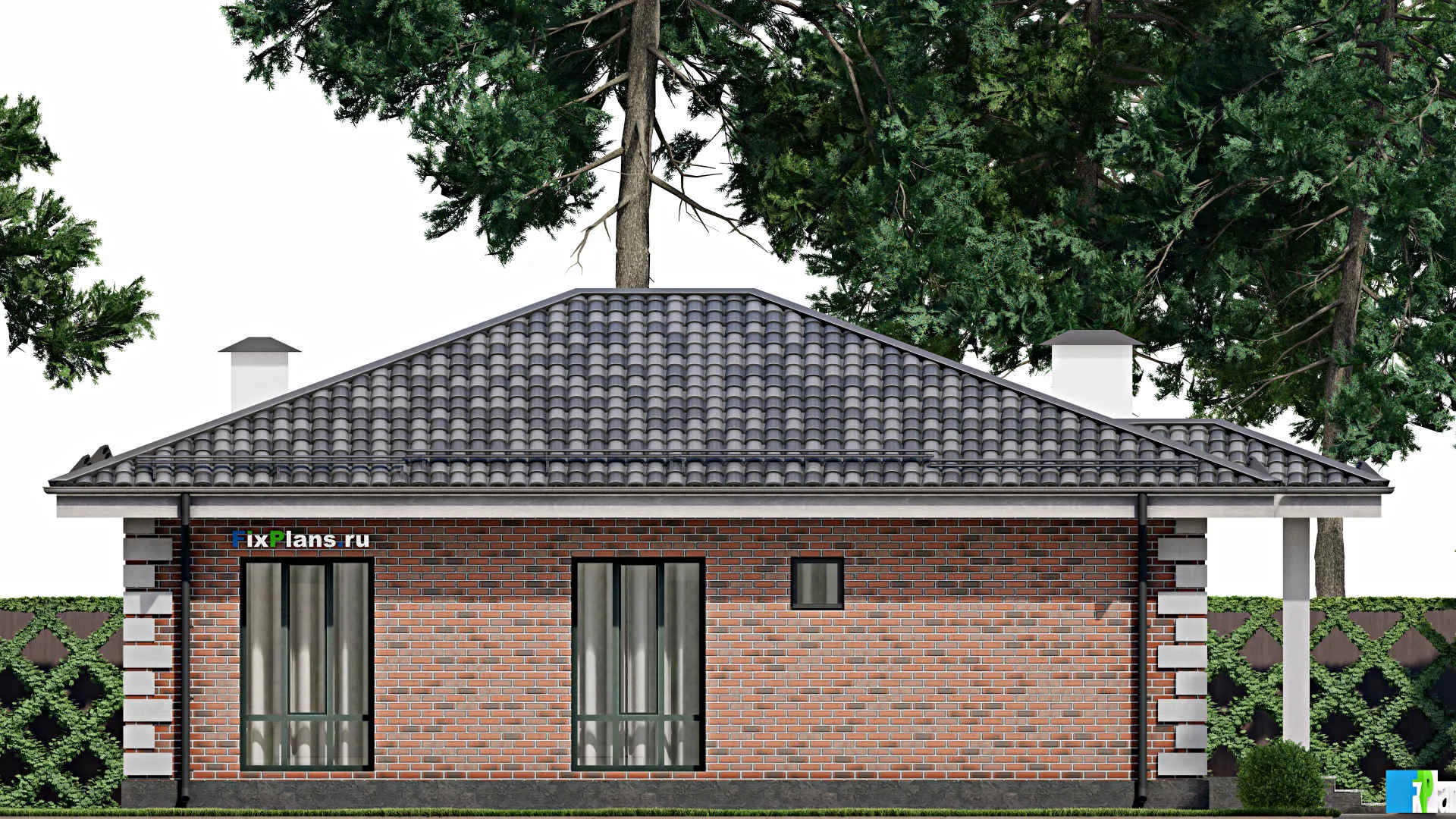 F-8828 - План одноэтажного дома 13 на 14, площадью 120 м² с террасой и 3 спальнями