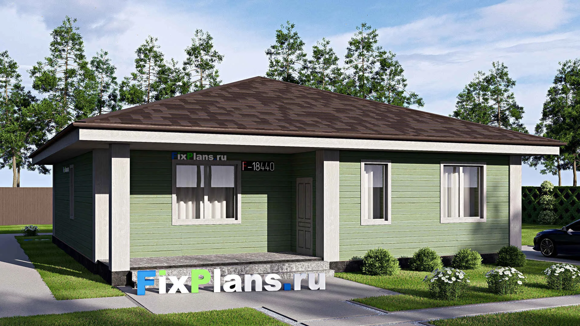 F-18440 - Проект одноэтажного дома 13 на 19, площадью 170 м² с террасой и 3 спальнями