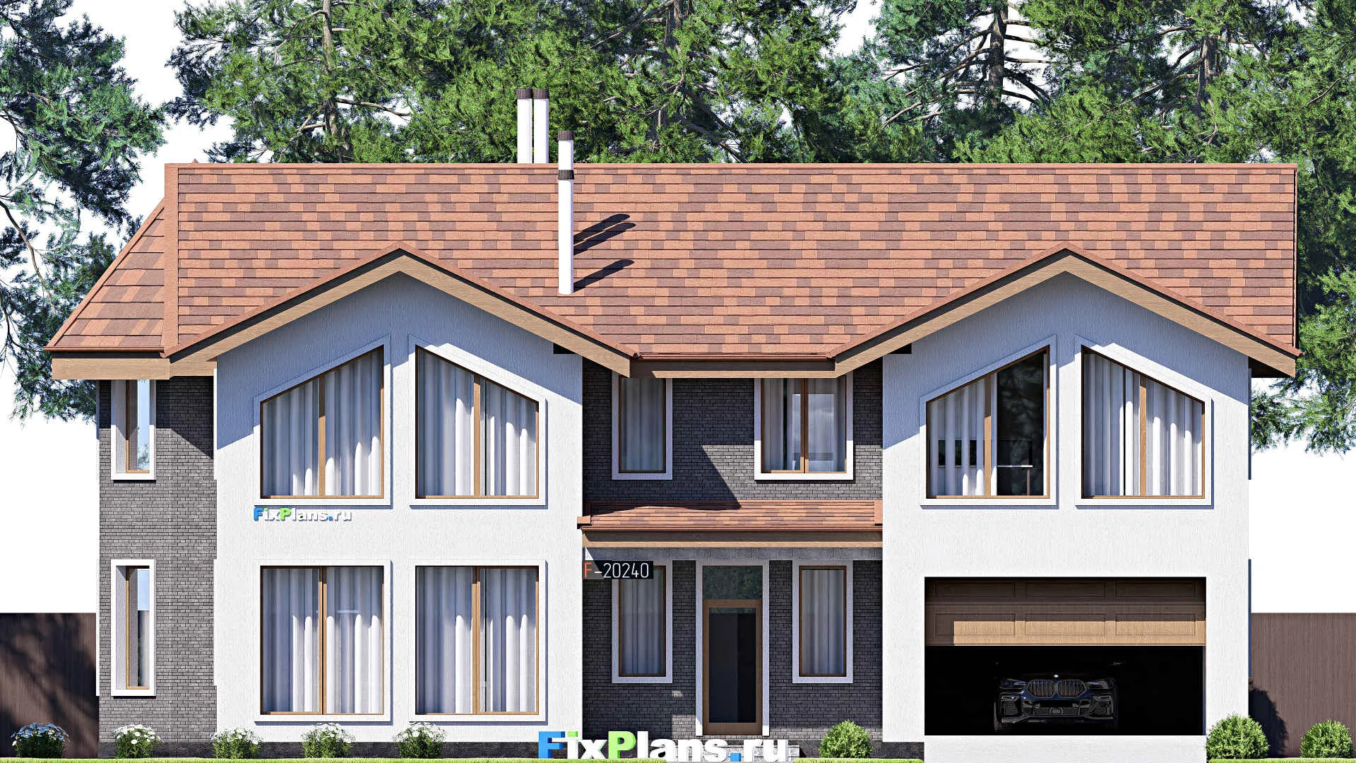 F-20240 - Планы двухэтажного дома 19 на 20, площадью 360 м² с террасой, гаражом на 2 машины и 3 спальнями