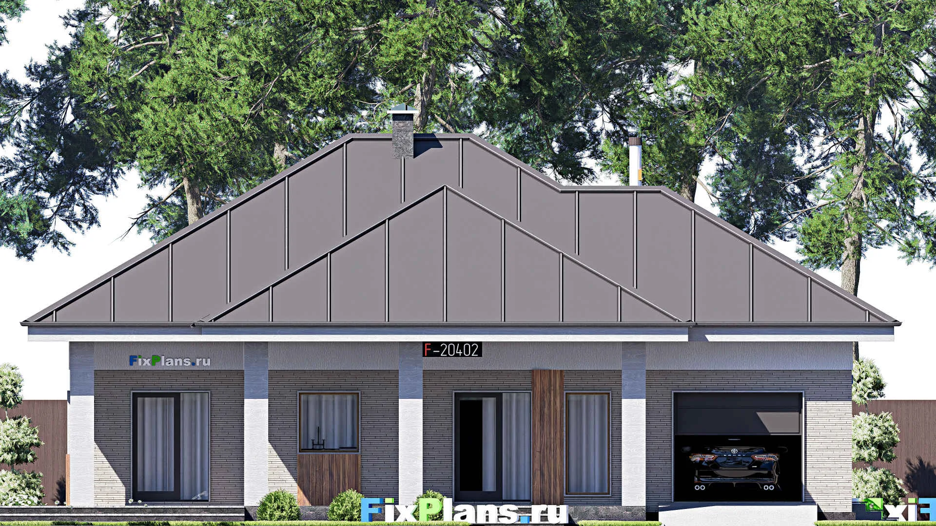 F-20402 - План одноэтажного дома 16 на 22, площадью 270 м² с террасой, гаражом на 1 машину и 3 спальнями