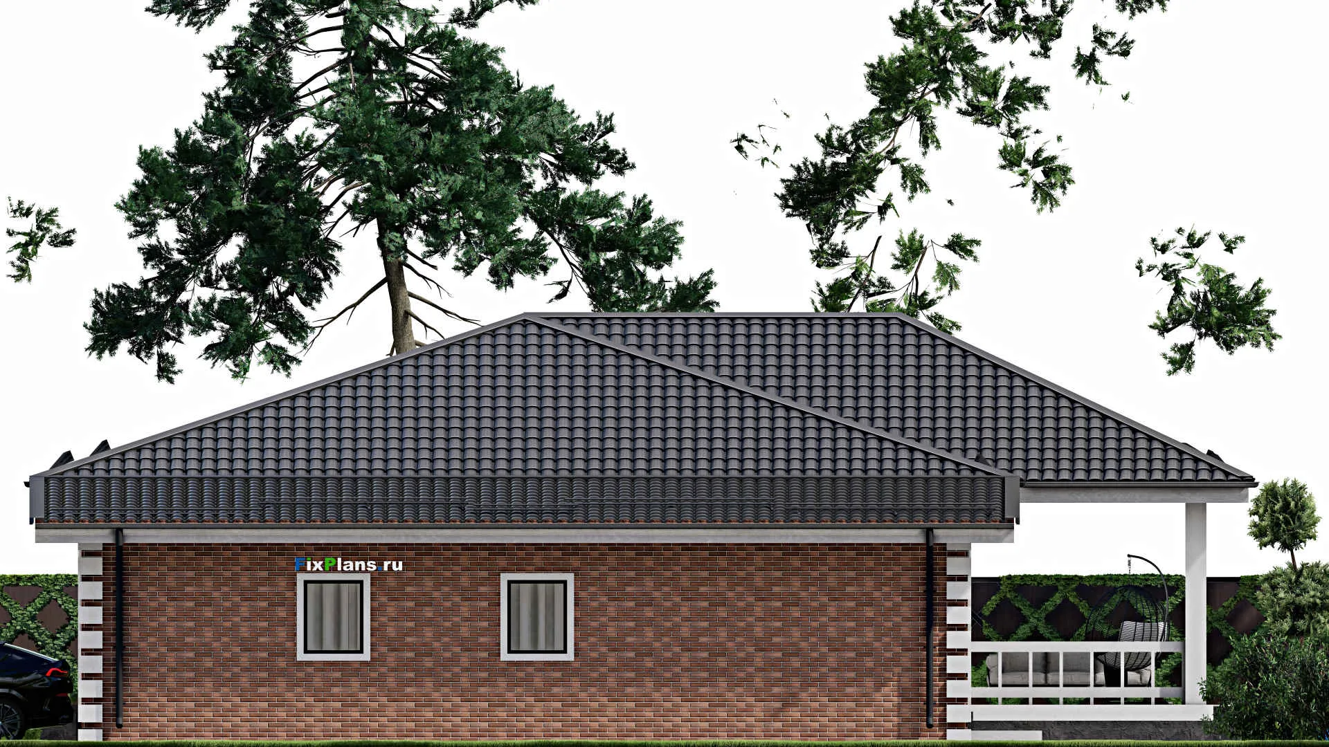 F-3896 - Проект одноэтажного дома 13 на 18, площадью 220 м² с террасой, гаражом на 1 машину и 3 спальнями