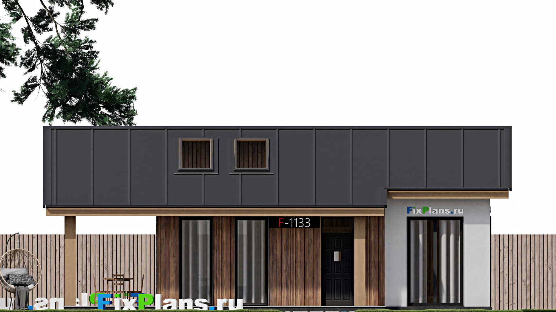 F-1133 - Проект одноэтажного дома 6 на 12, площадью 70 м² с террасой и 2 спальнями