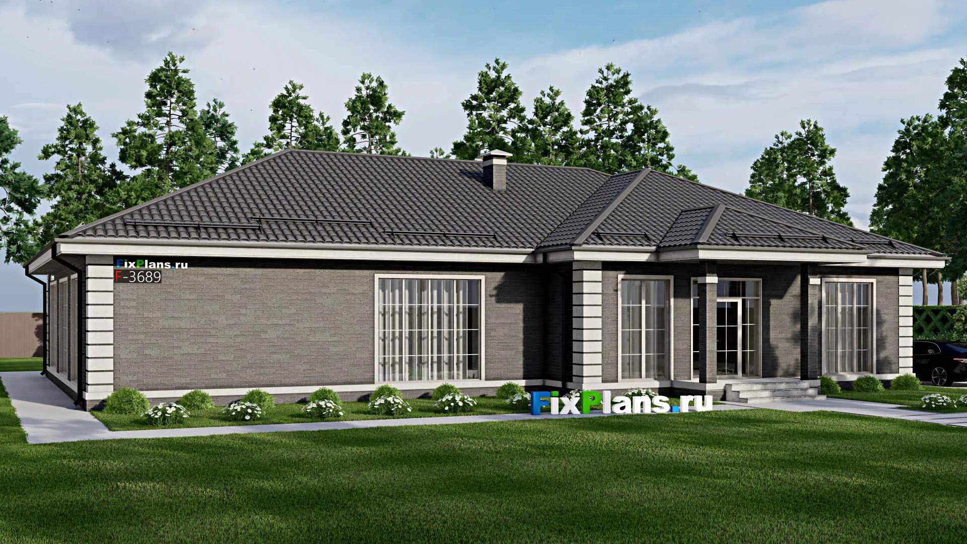 F-3689 - Проект одноэтажного дома 16 на 22, площадью 270 м² с террасой и 2 спальнями