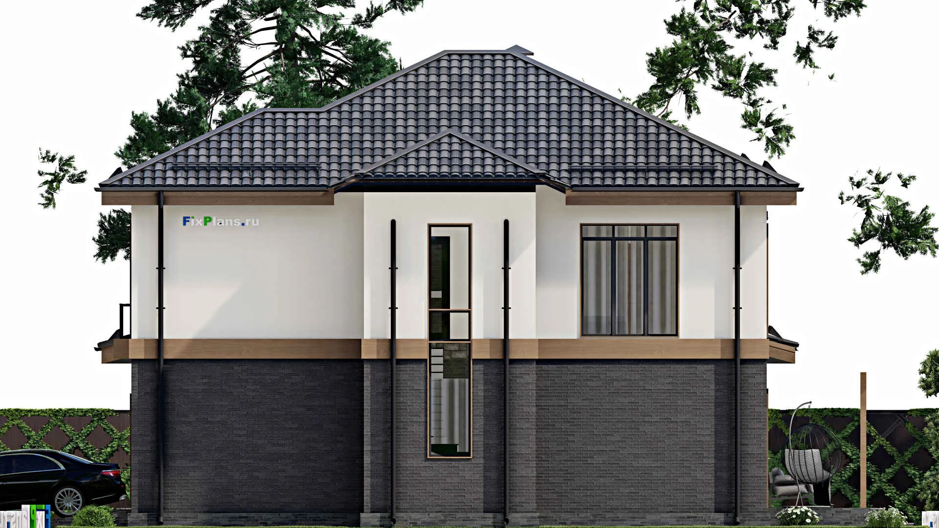 F-5813 - Планы двухэтажного дома 13 на 15, площадью 270 м² с террасой, балконом, гаражом на 2 машины и 5 спальнями