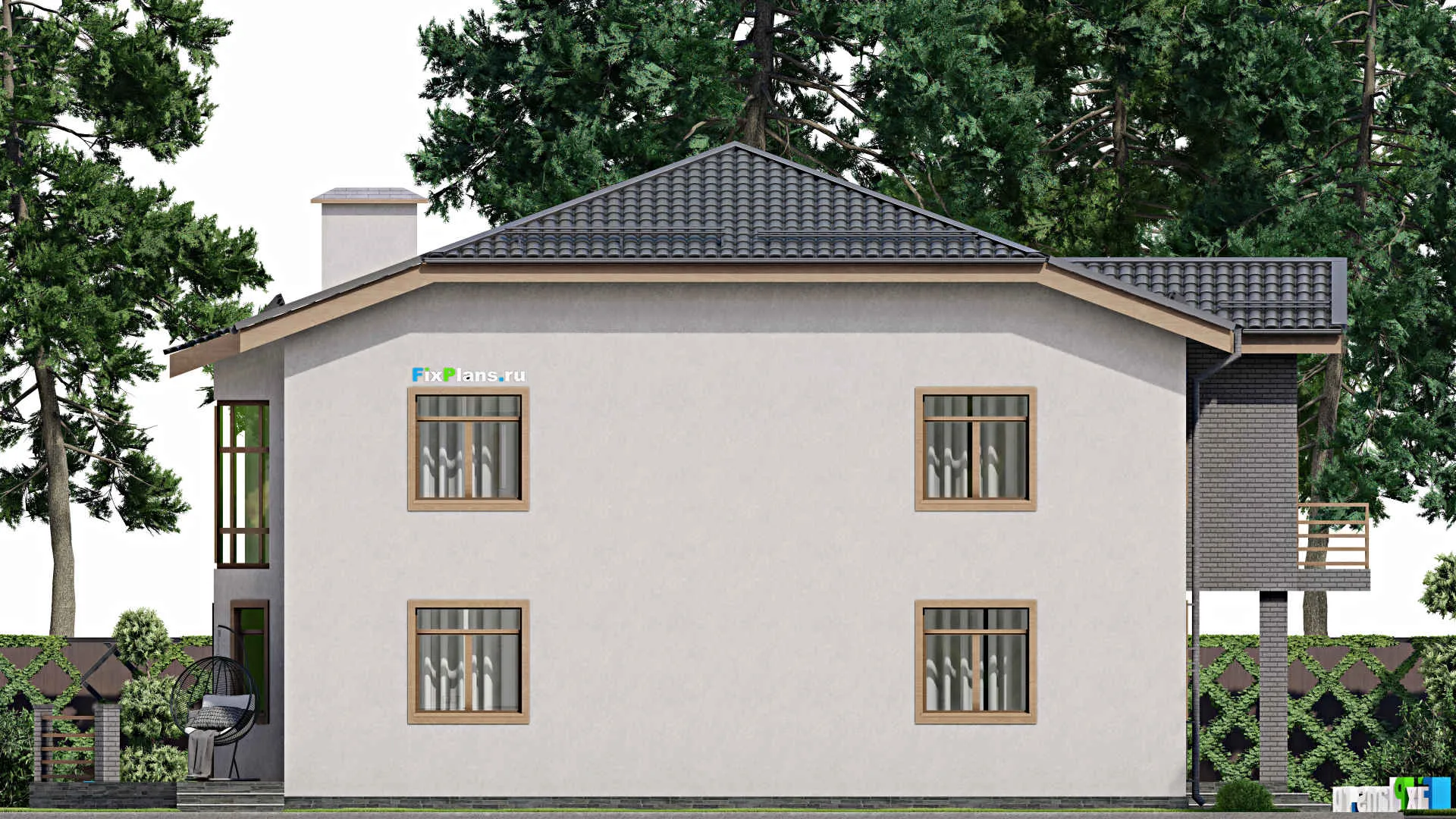 F-2699 - Планы двухэтажного дома 14 на 14, площадью 300 м² с террасой, балконом, гаражом на 1 машину, бассейном и 4 спальнями