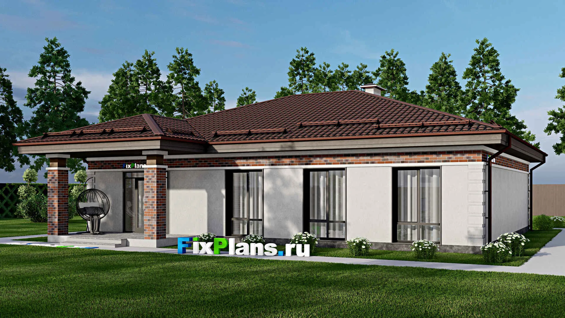 F-2519 - План одноэтажного дома 13 на 16, площадью 170 м² с террасой и 4 спальнями