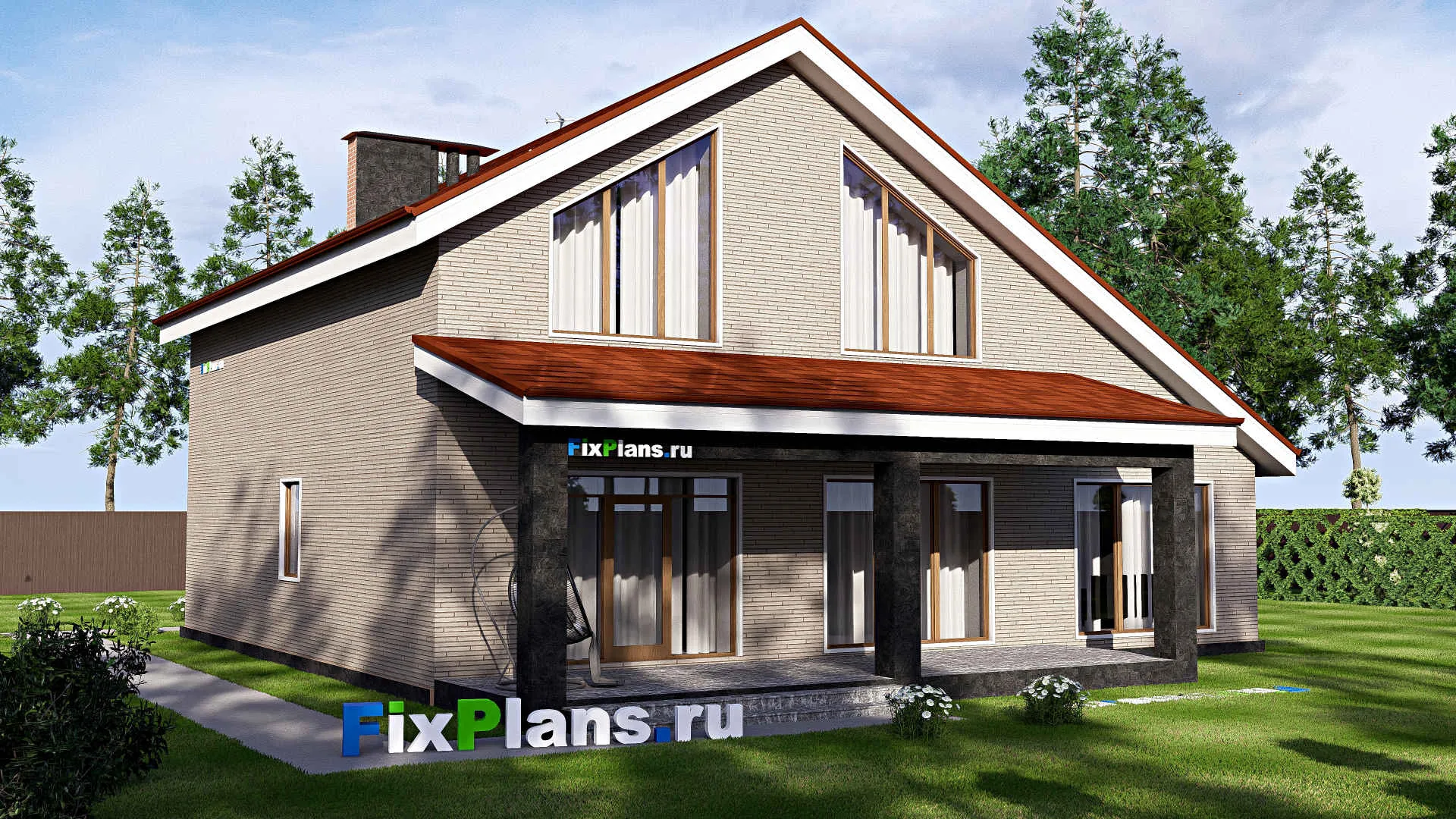 F-19205 - Планы дома с мансардой 15 на 16, площадью 260 м² с террасой, балконом, гаражом на 1 машину и 5 спальнями