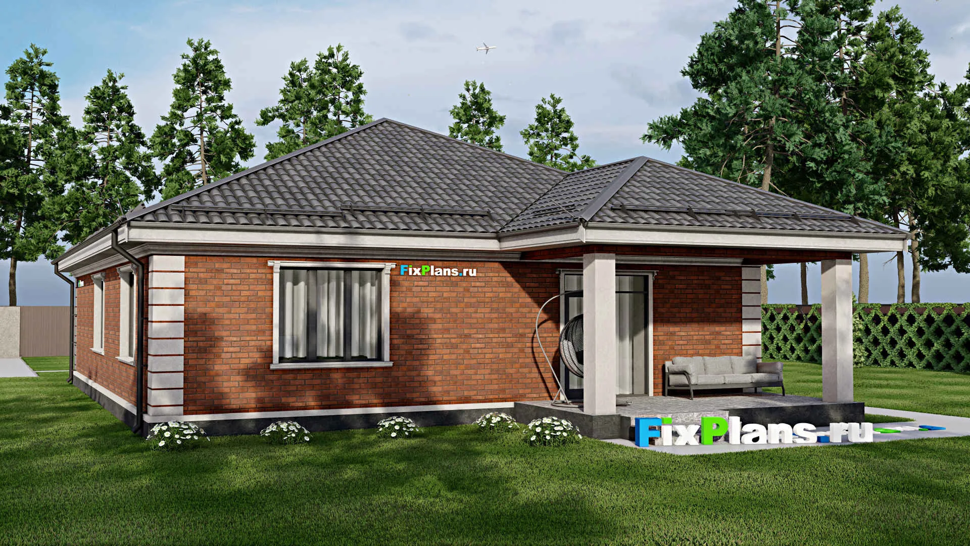 F-8585 - План одноэтажного дома 13 на 21, площадью 180 м² с террасой и 3 спальнями