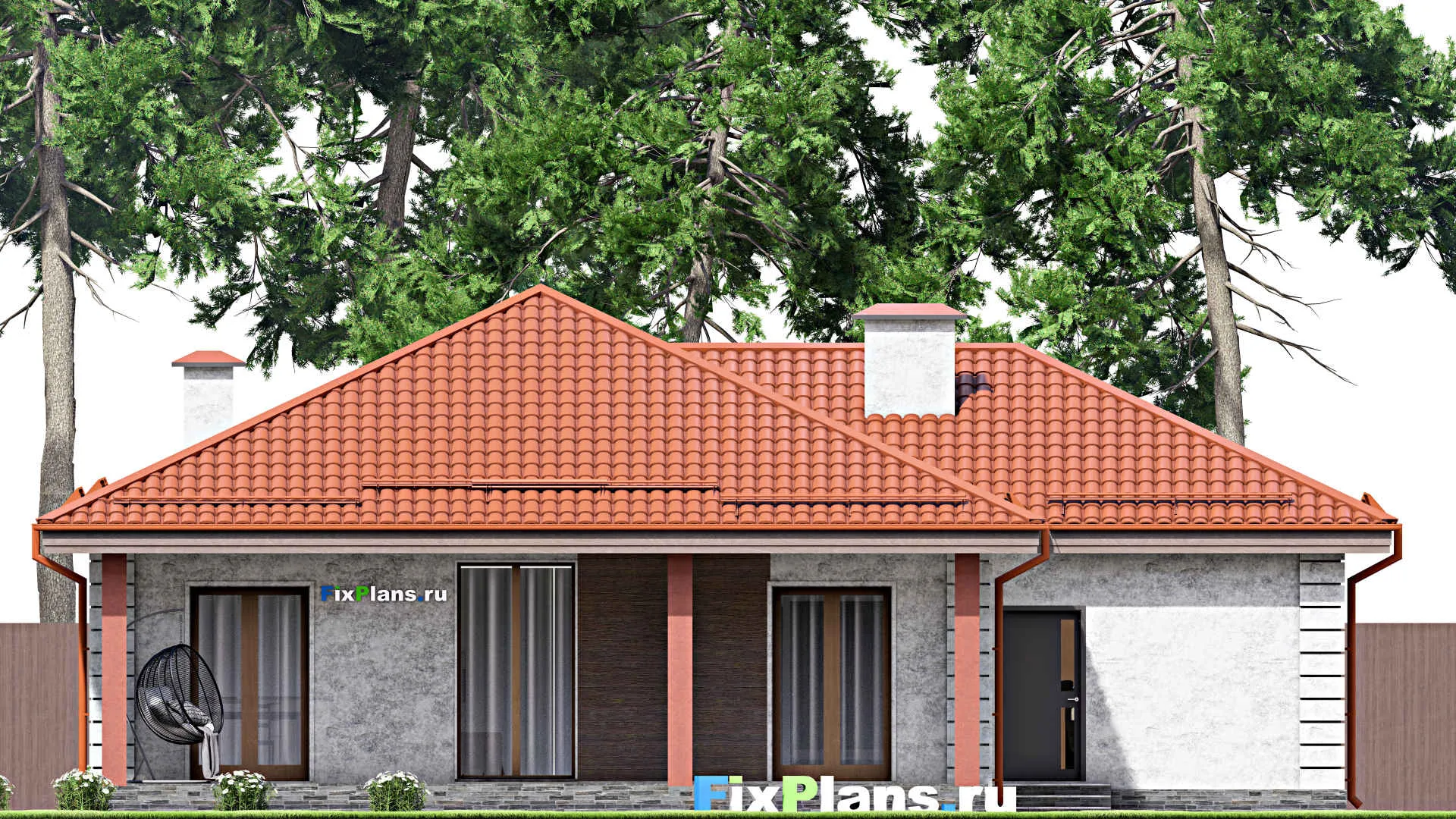 F-13877 - План одноэтажного дома 16 на 16, площадью 170 м² с террасой, гаражом на 1 машину и 3 спальнями