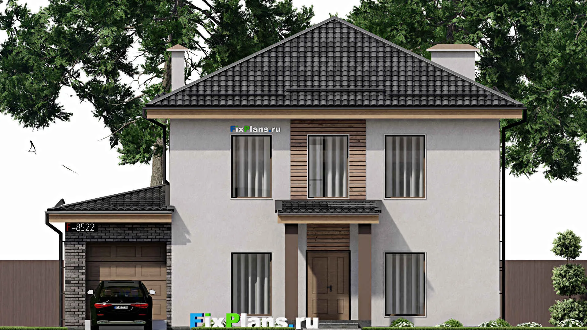 F-8522 - Проект двухэтажного дома 14 на 16, площадью 230 м² с террасой, балконом, гаражом на 1 машину и 5 спальнями