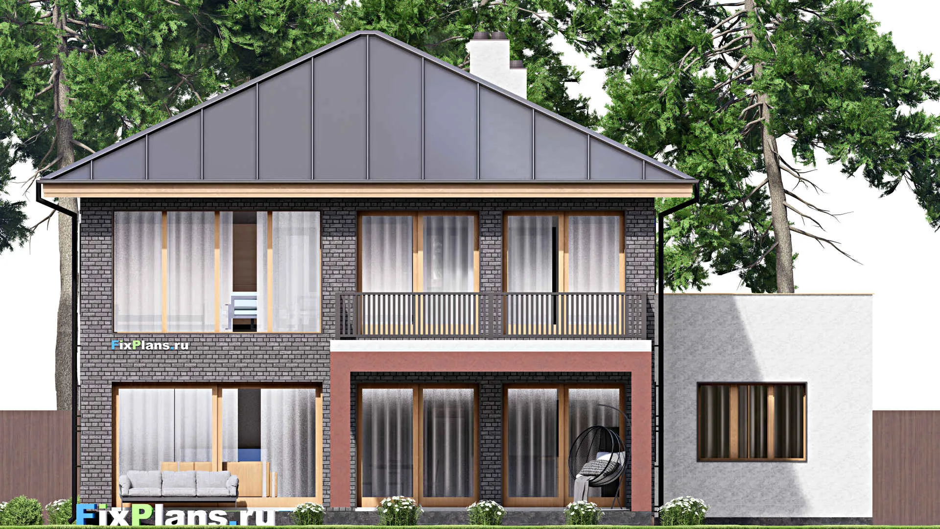 F-16001 - Планы двухэтажного дома 16 на 16, площадью 290 м² с террасой, балконом, гаражом на 1 машину и 4 спальнями