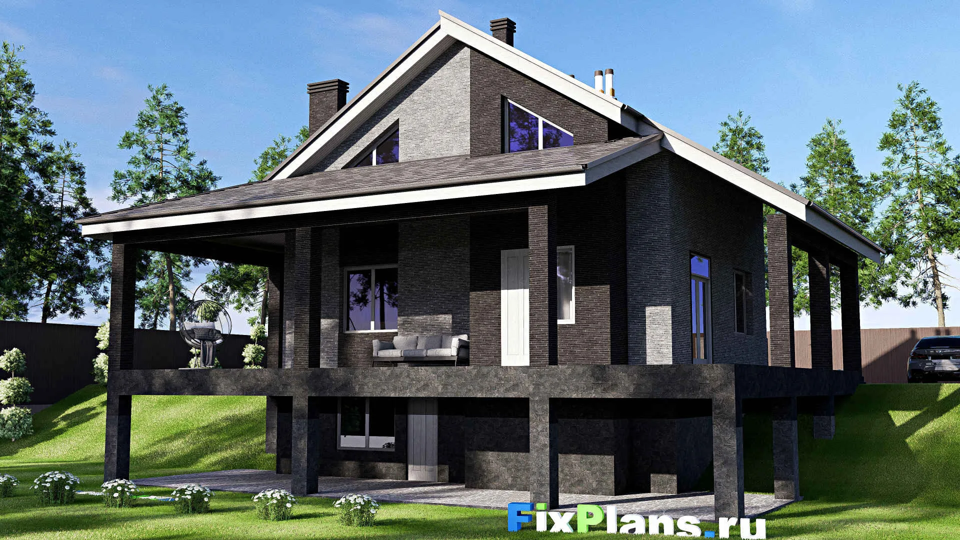 F-18980 - Планы дома с мансардой 12 на 16, площадью 230 м² с террасой, цокольным этажом и 3 спальнями