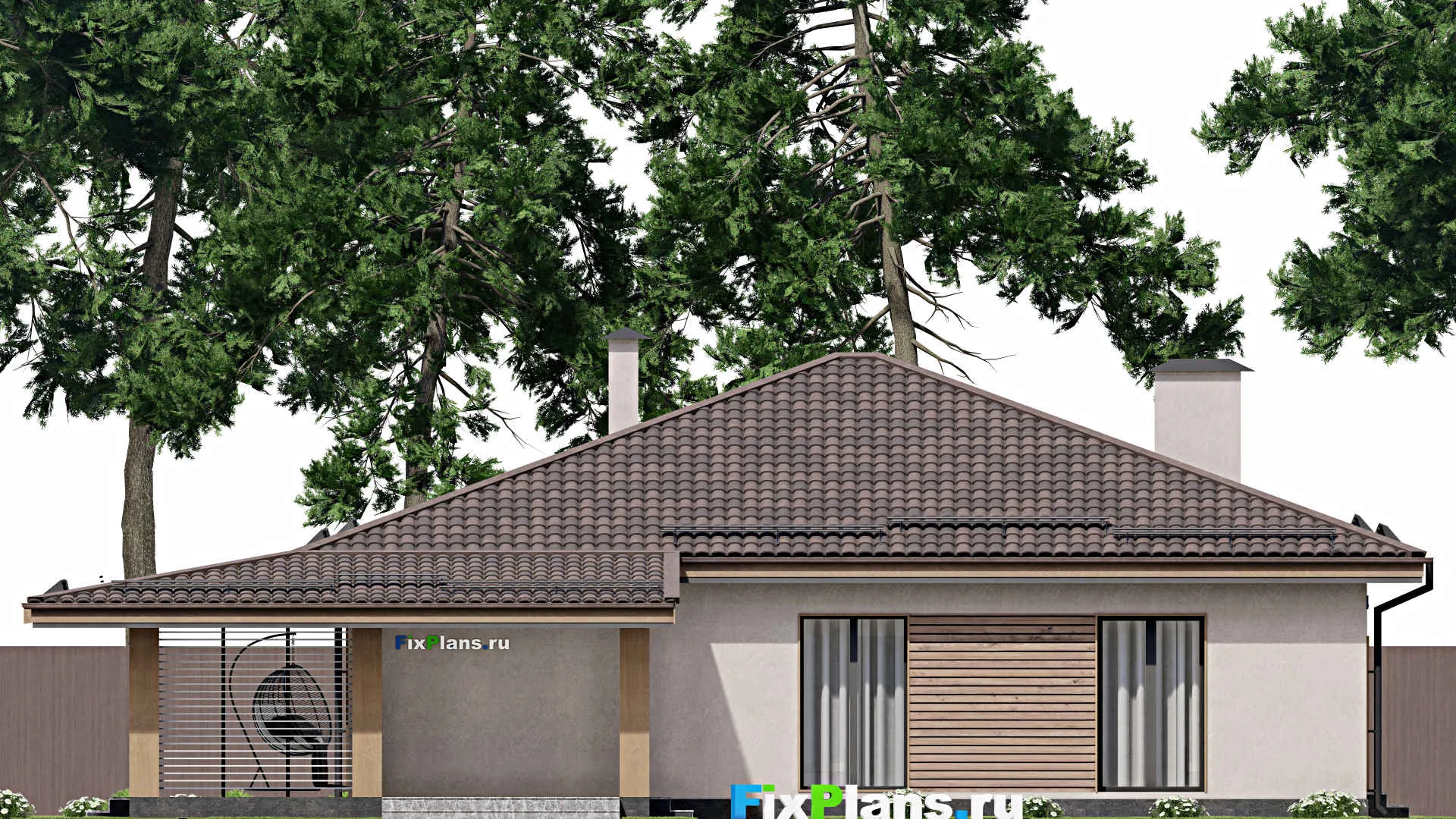 F-6749 - Проект одноэтажного дома 17 на 20, площадью 220 м² с террасой, гаражом на 2 машины и 3 спальнями