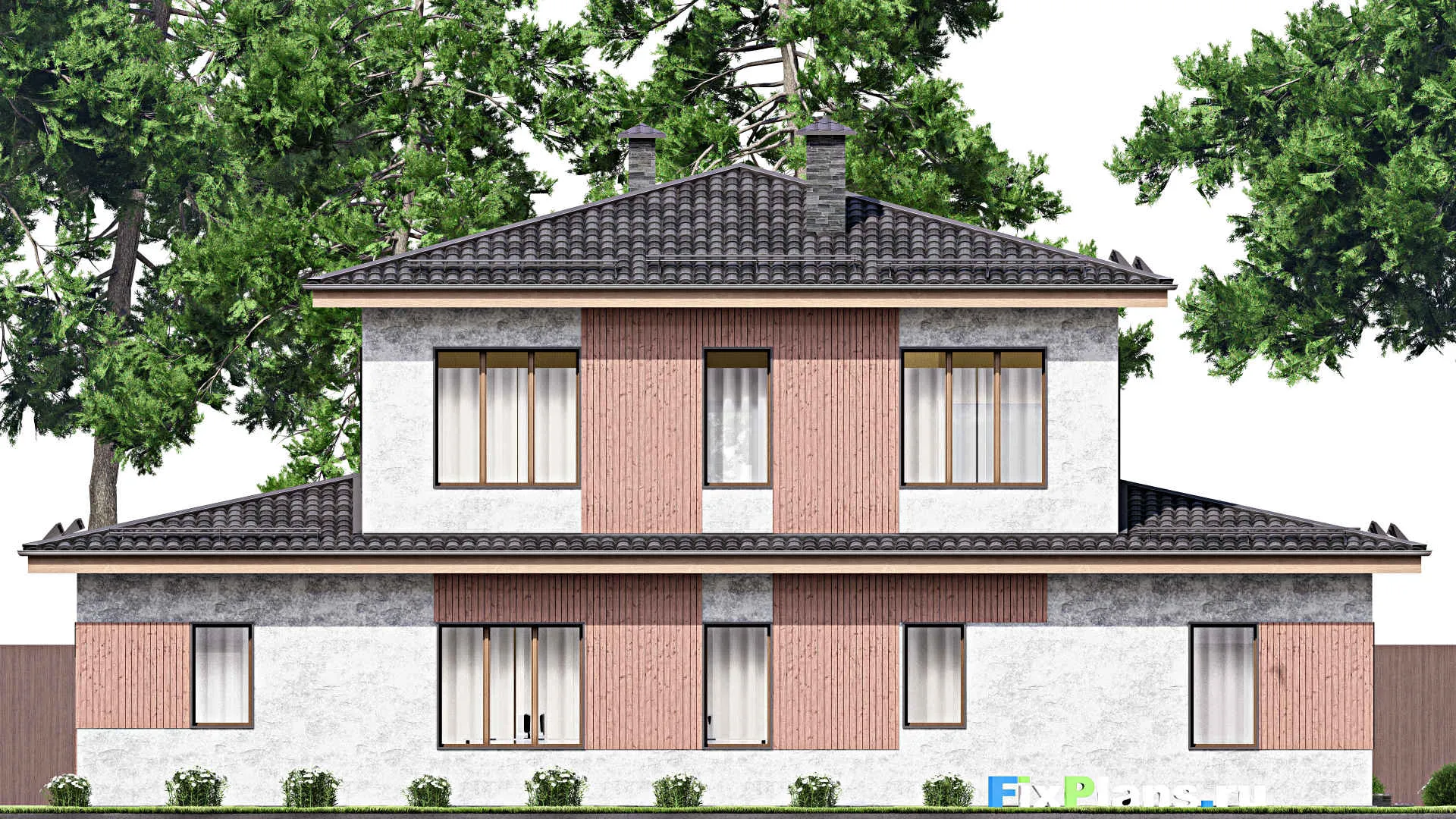 F-13076 - Проект двухэтажного дома 14 на 19, площадью 260 м² с террасой, баней и 4 спальнями