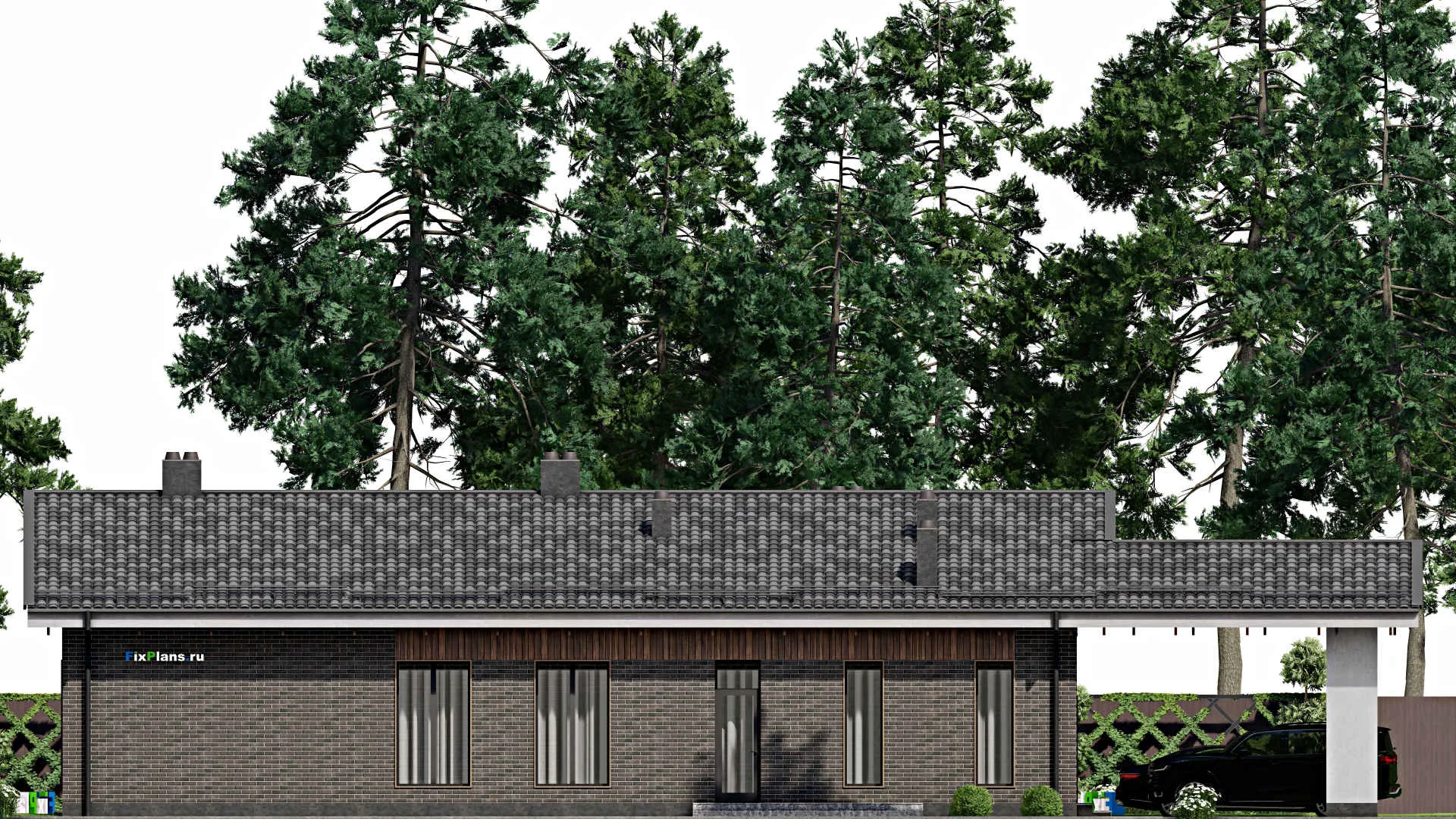 F-6236 - Проект одноэтажного дома 15 на 20, площадью 230 м² с террасой, баней и 2 спальнями