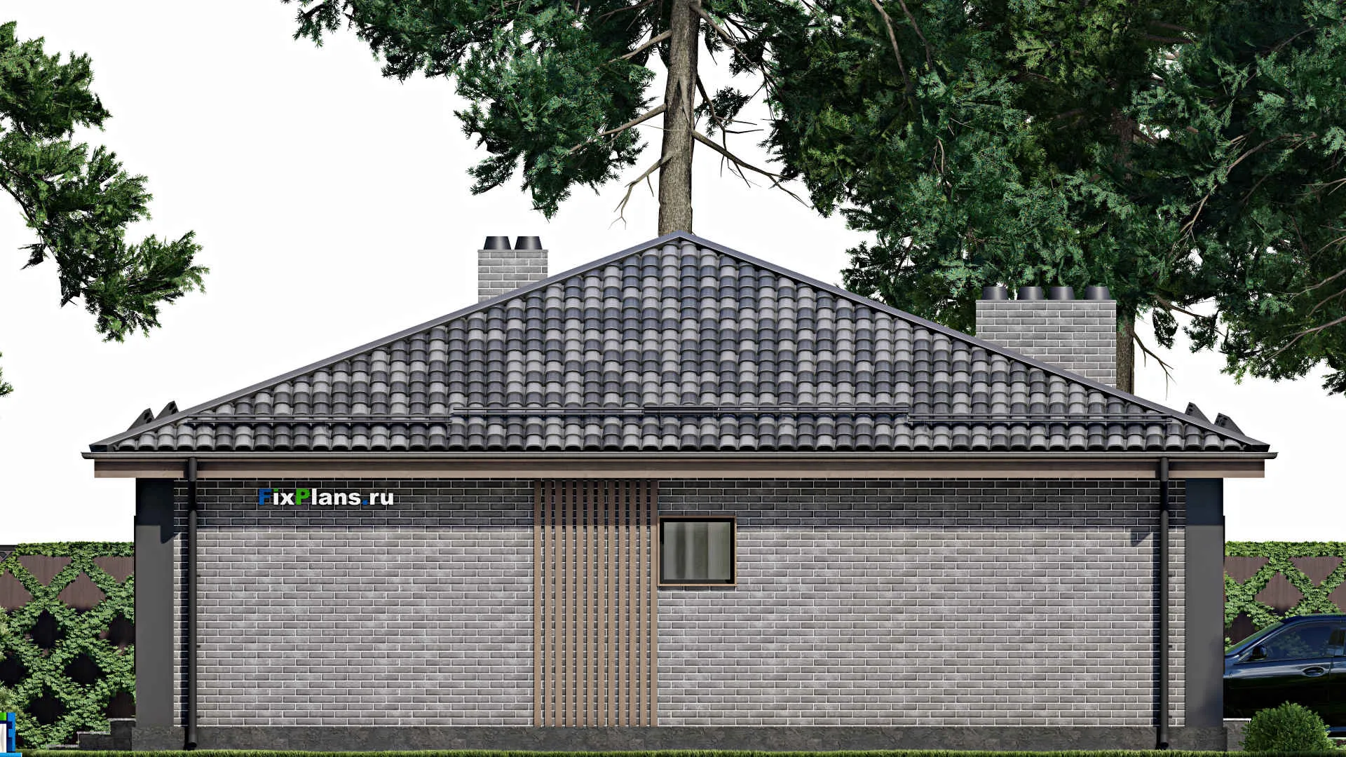 F-7541 - Проект одноэтажного дома 13 на 14, площадью 130 м² с террасой и 3 спальнями