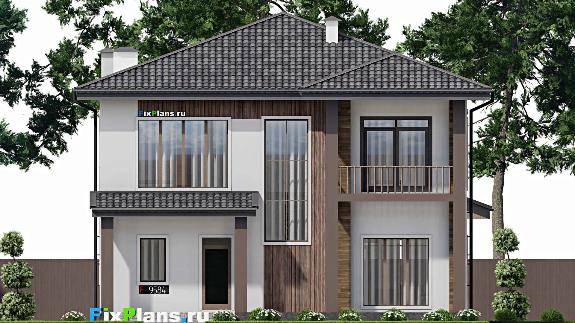 F-9584 - Планы двухэтажного дома 13 на 17, площадью 280 м² с террасой, балконом и 3 спальнями