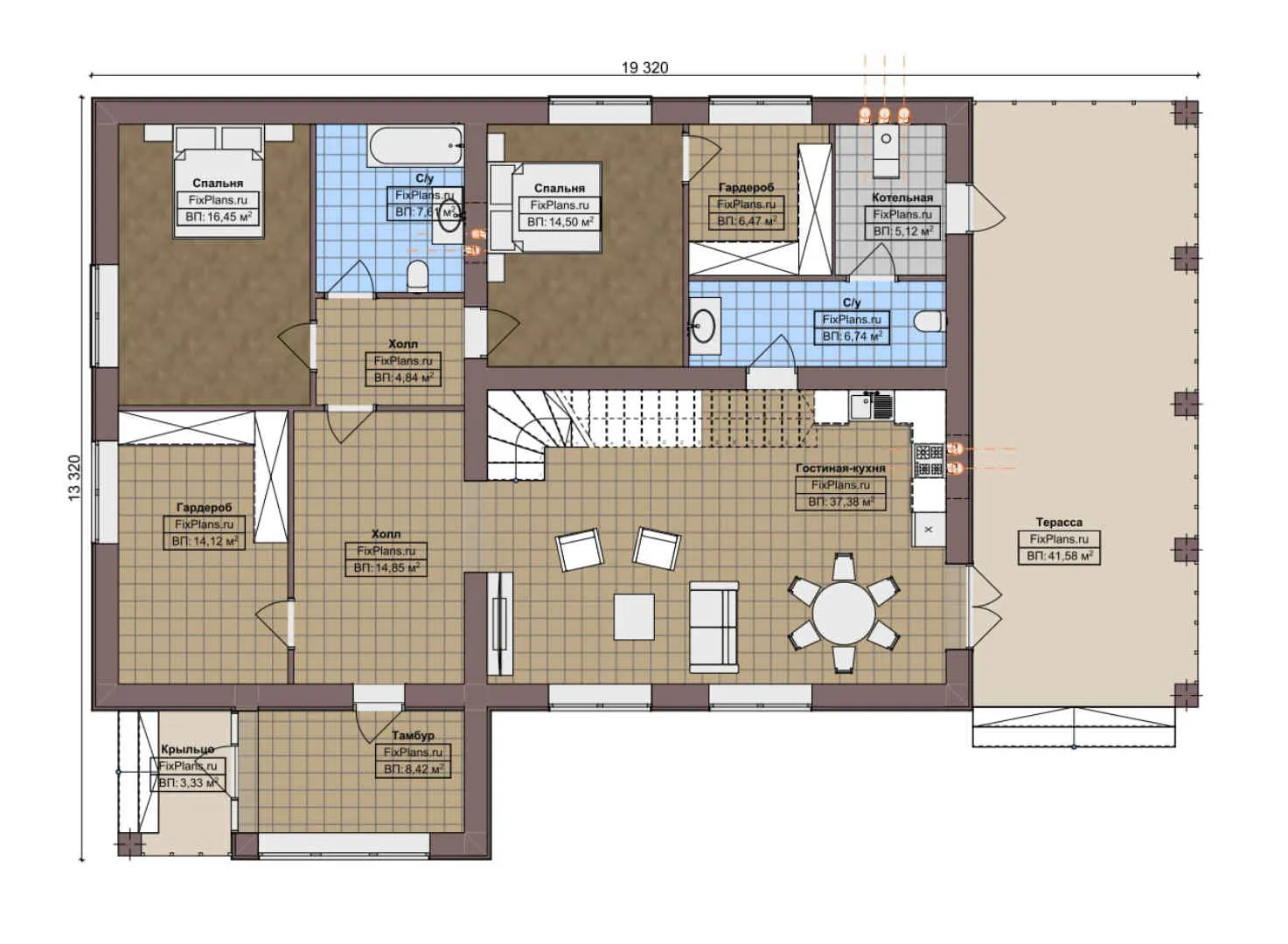 F-8090 - Планы дома с мансардой 14 на 20, площадью 290 м² с террасой и 4 спальнями