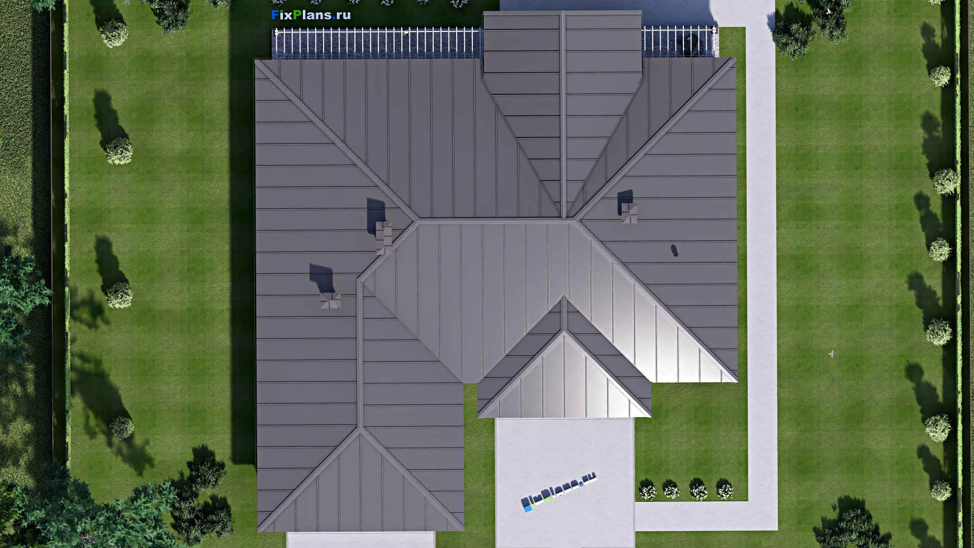 F-15281 - План одноэтажного дома 23 на 25, площадью 410 м² с террасой, баней, гаражом на 2 машины и 3 спальнями