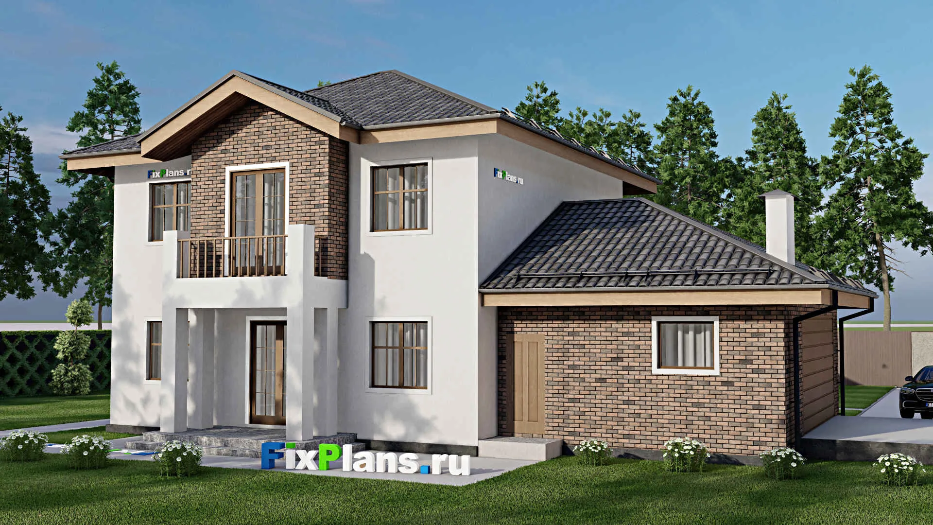 F-12338 - Планы двухэтажного дома 13 на 17, площадью 220 м² с террасой, балконом, гаражом на 2 машины и 3 спальнями