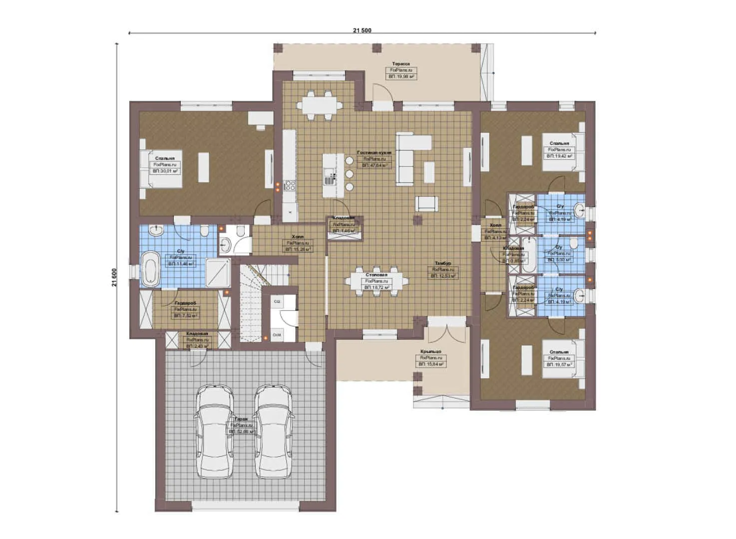 F-17135 - Планы дома с мансардой 22 на 22, площадью 340 м² с террасой, гаражом на 2 машины и 4 спальнями