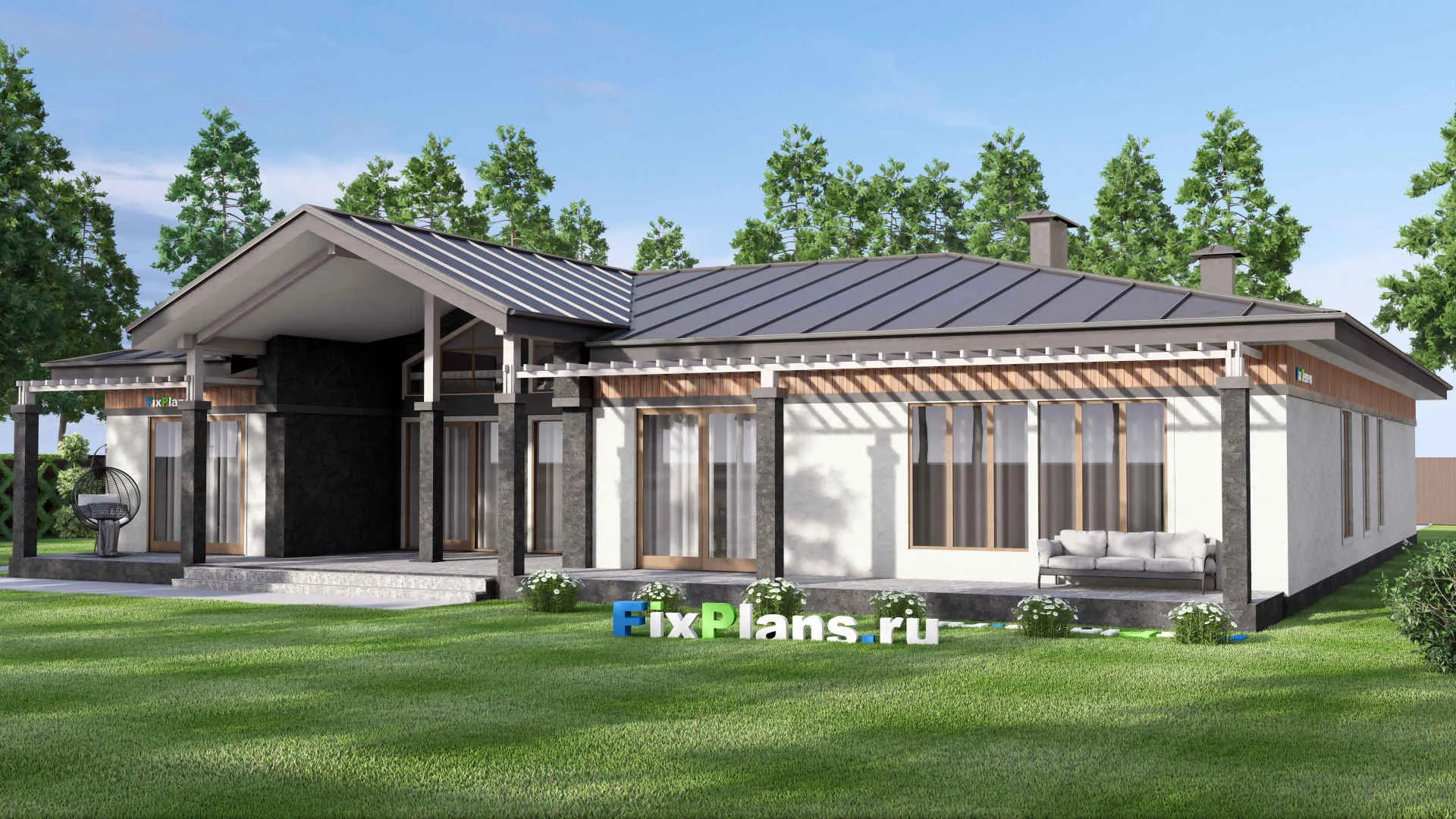 F-15281 - План одноэтажного дома 23 на 25, площадью 410 м² с террасой, баней, гаражом на 2 машины и 3 спальнями