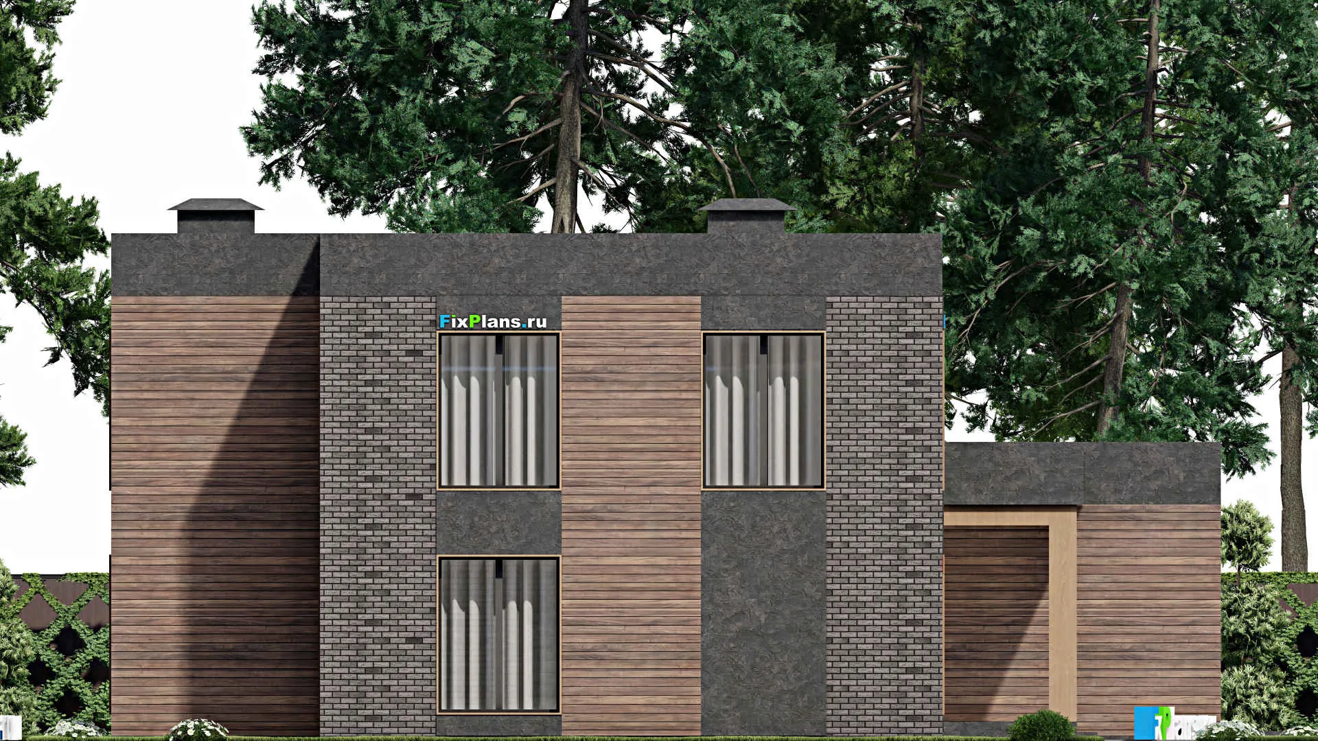 F-8108 - Планы двухэтажного дома 15 на 16, площадью 190 м² с гаражом на 2 машины и 4 спальнями