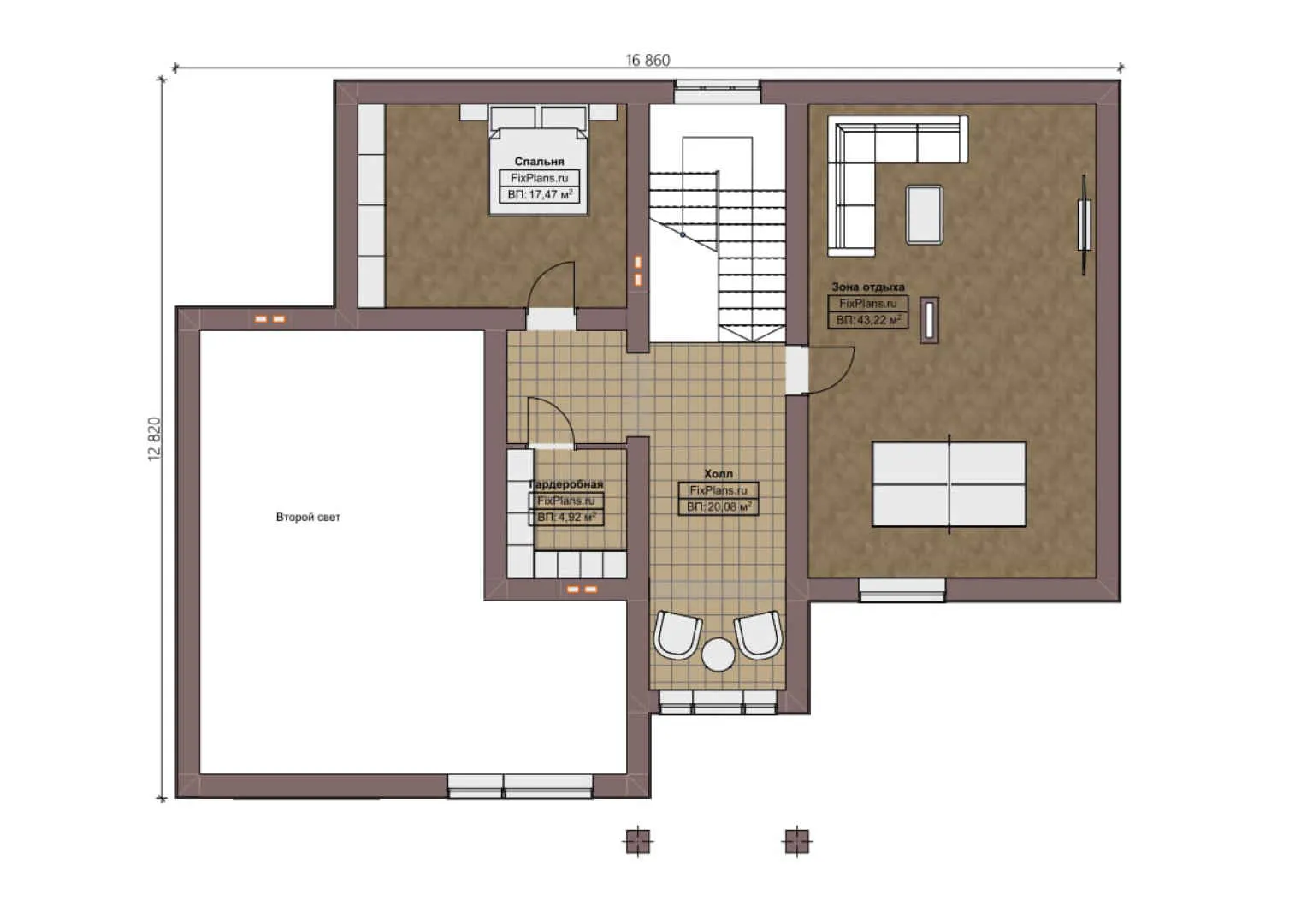 F-0818 - Планы дома с мансардой 13 на 17, площадью 260 м² с террасой и 4 спальнями