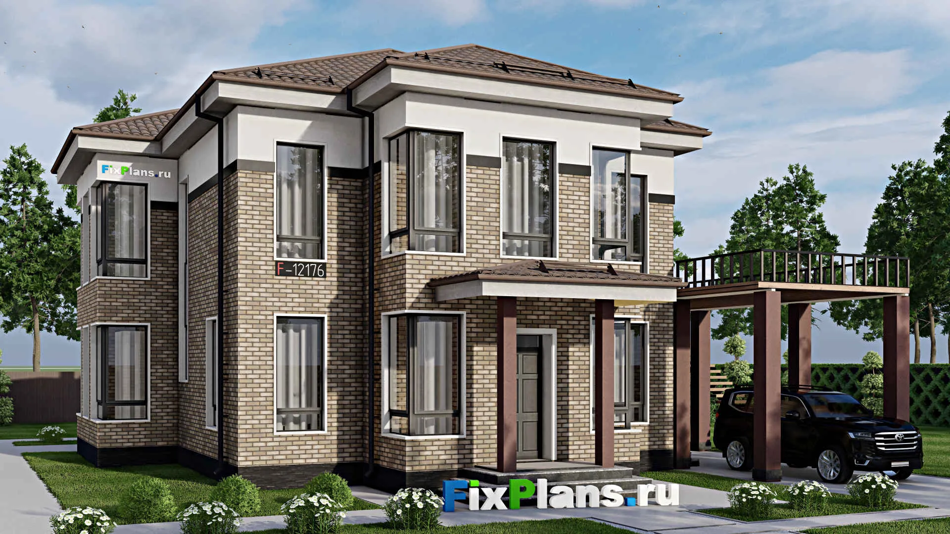 F-12176 - Проект двухэтажного дома 16 на 18, площадью 270 м² с террасой, балконом и 4 спальнями