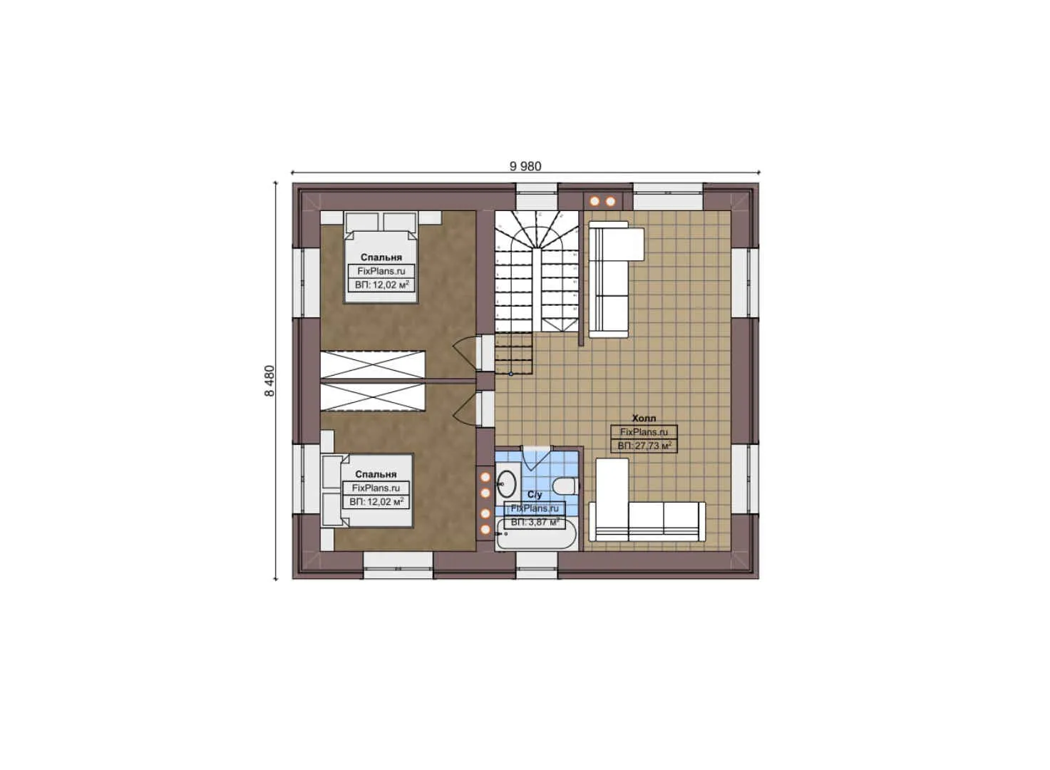 F-6452 - Планы двухэтажного дома 9 на 15, площадью 150 м² с террасой и 3 спальнями