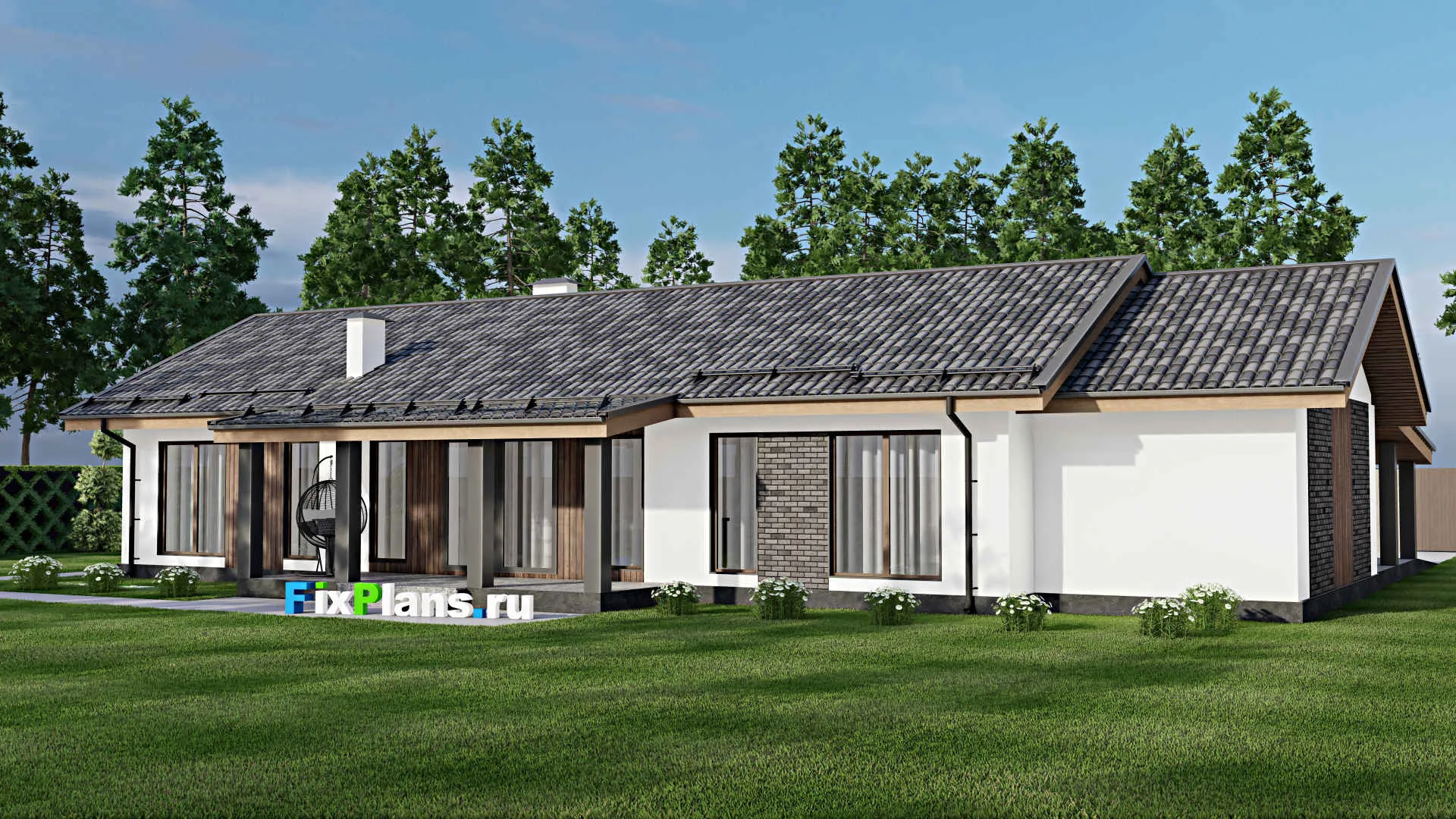 F-10709 - План одноэтажного дома 18 на 23, площадью 230 м² с террасой, гаражом на 1 машину и 3 спальнями