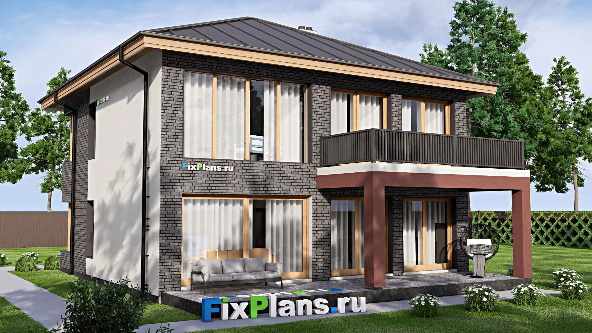 F-16001 - Планы двухэтажного дома 16 на 16, площадью 290 м² с террасой, балконом, гаражом на 1 машину и 4 спальнями