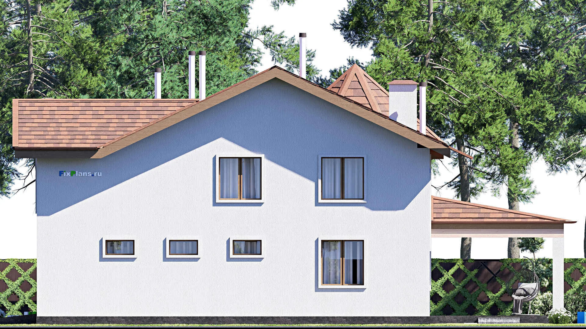 F-20240 - Планы двухэтажного дома 19 на 20, площадью 360 м² с террасой, гаражом на 2 машины и 3 спальнями