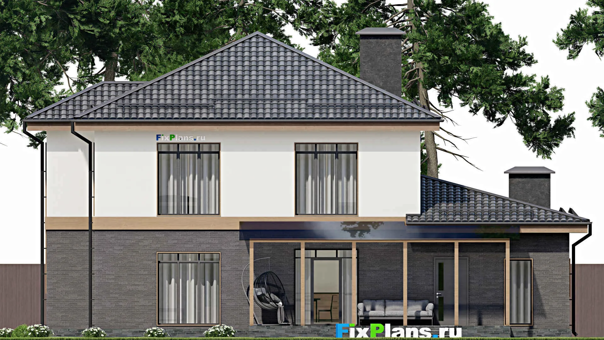 F-5813 - Планы двухэтажного дома 13 на 15, площадью 270 м² с террасой, балконом, гаражом на 2 машины и 5 спальнями