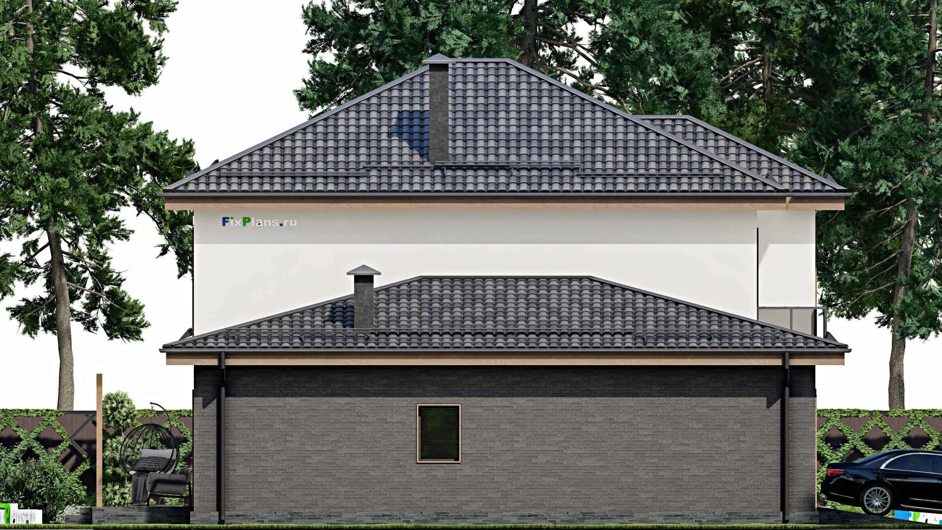 F-5813 - Планы двухэтажного дома 13 на 15, площадью 270 м² с террасой, балконом, гаражом на 2 машины и 5 спальнями