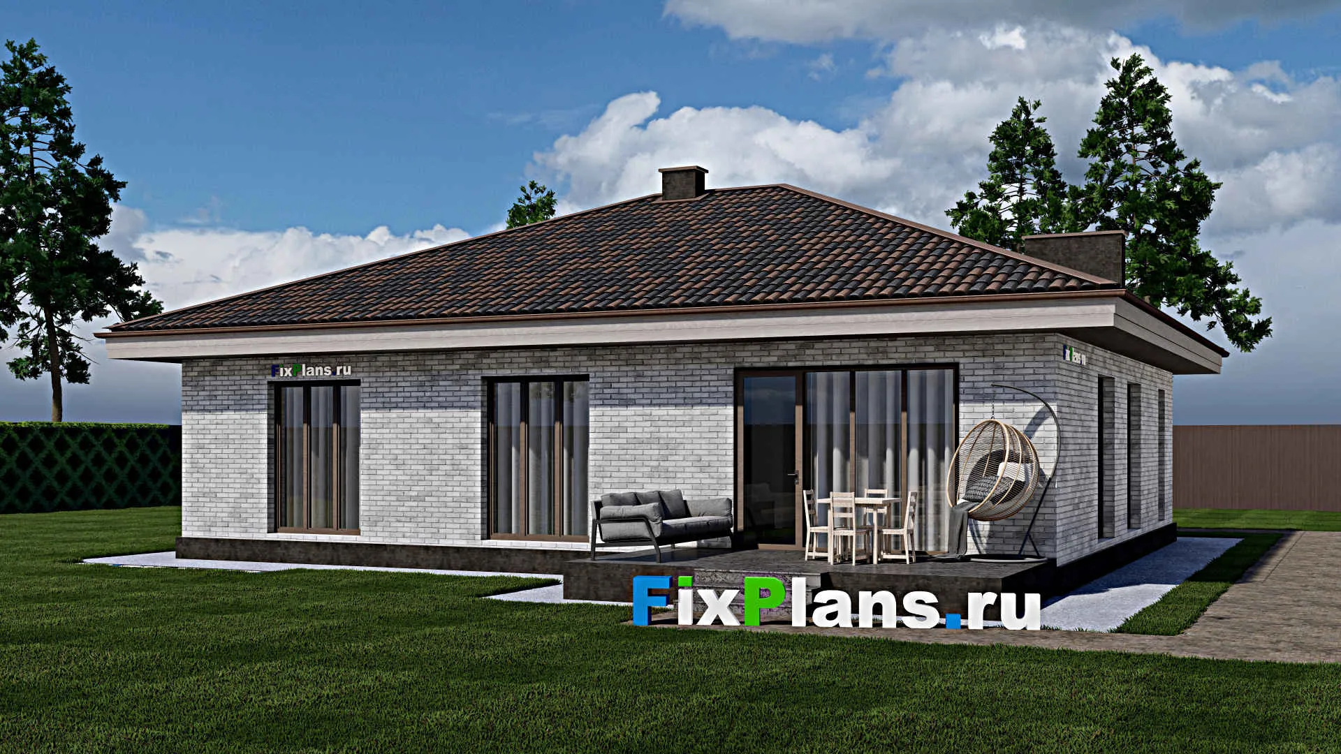 F-1232 - План одноэтажного дома 12 на 14, площадью 150 м² с террасой и 3 спальнями