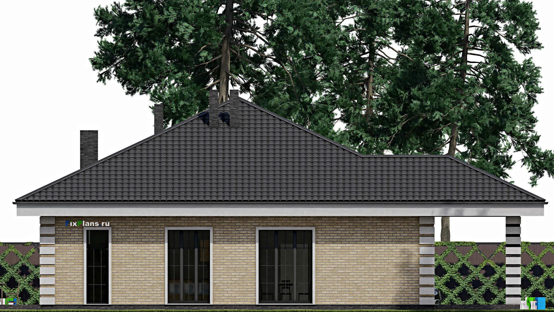 F-0953 - Проект одноэтажного дома 14 на 14, площадью 190 м² с террасой и 4 спальнями