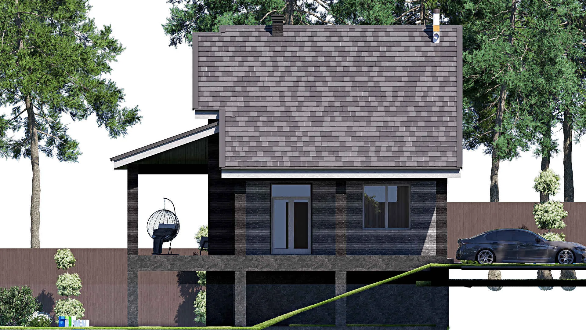 F-18980 - Планы дома с мансардой 12 на 16, площадью 230 м² с террасой, цокольным этажом и 3 спальнями