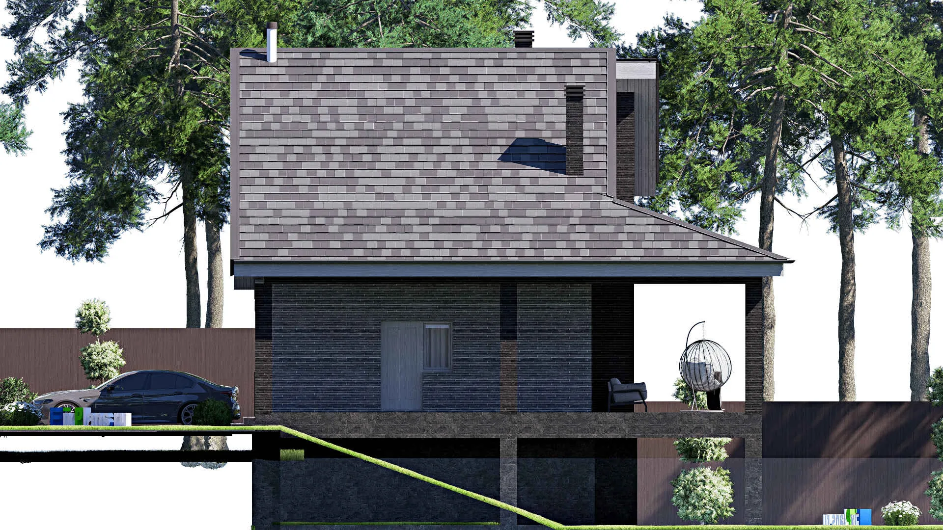 F-18980 - Планы дома с мансардой 12 на 16, площадью 230 м² с террасой, цокольным этажом и 3 спальнями
