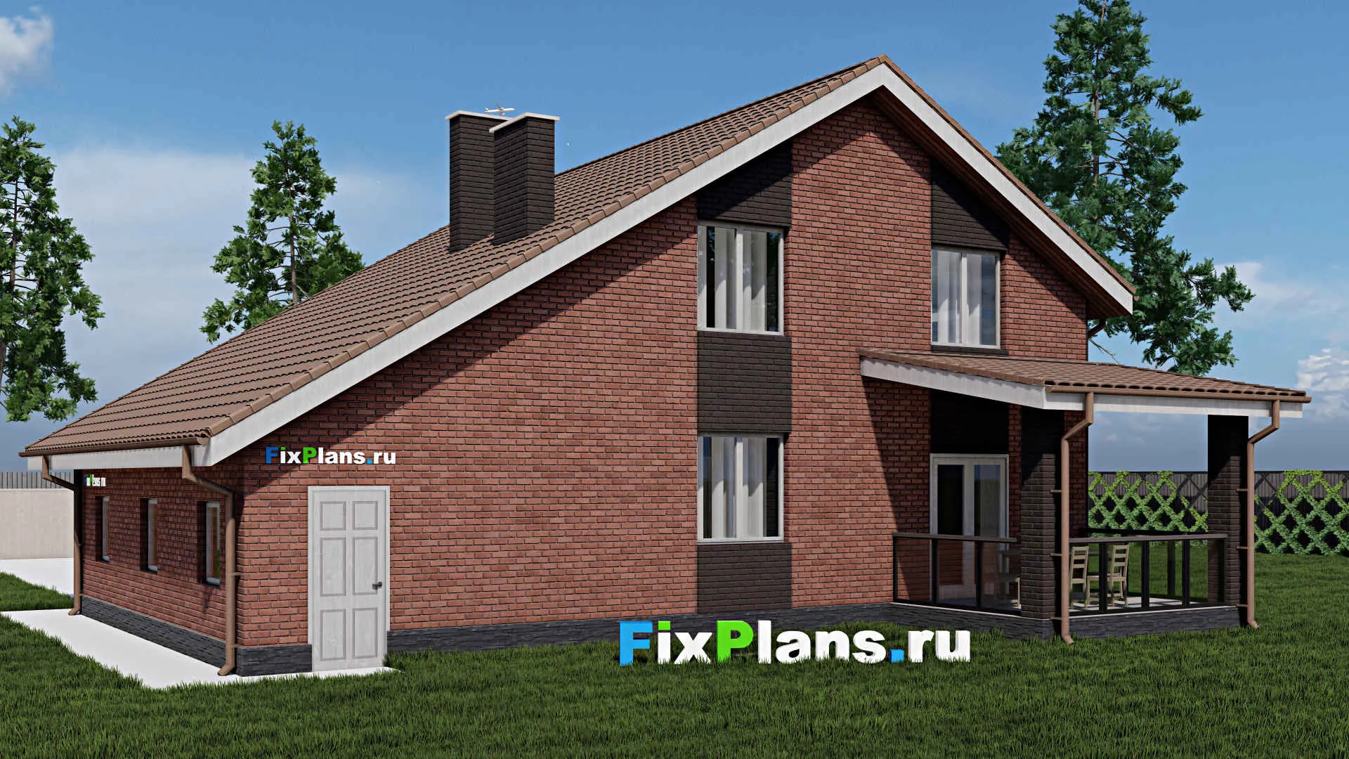 F-0323 - Планы дома с мансардой 11 на 14, площадью 180 м² с террасой, балконом, гаражом на 1 машину и 4 спальнями